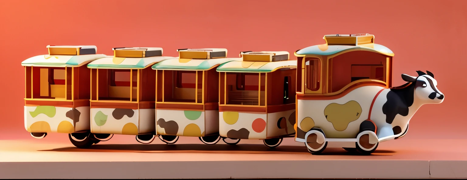 Bull shaped train,The front of the car is a cartoon cow face,Convert to a photorealistic rendering style,3D rendering style,Highly realistic,Candy pale red,best quality