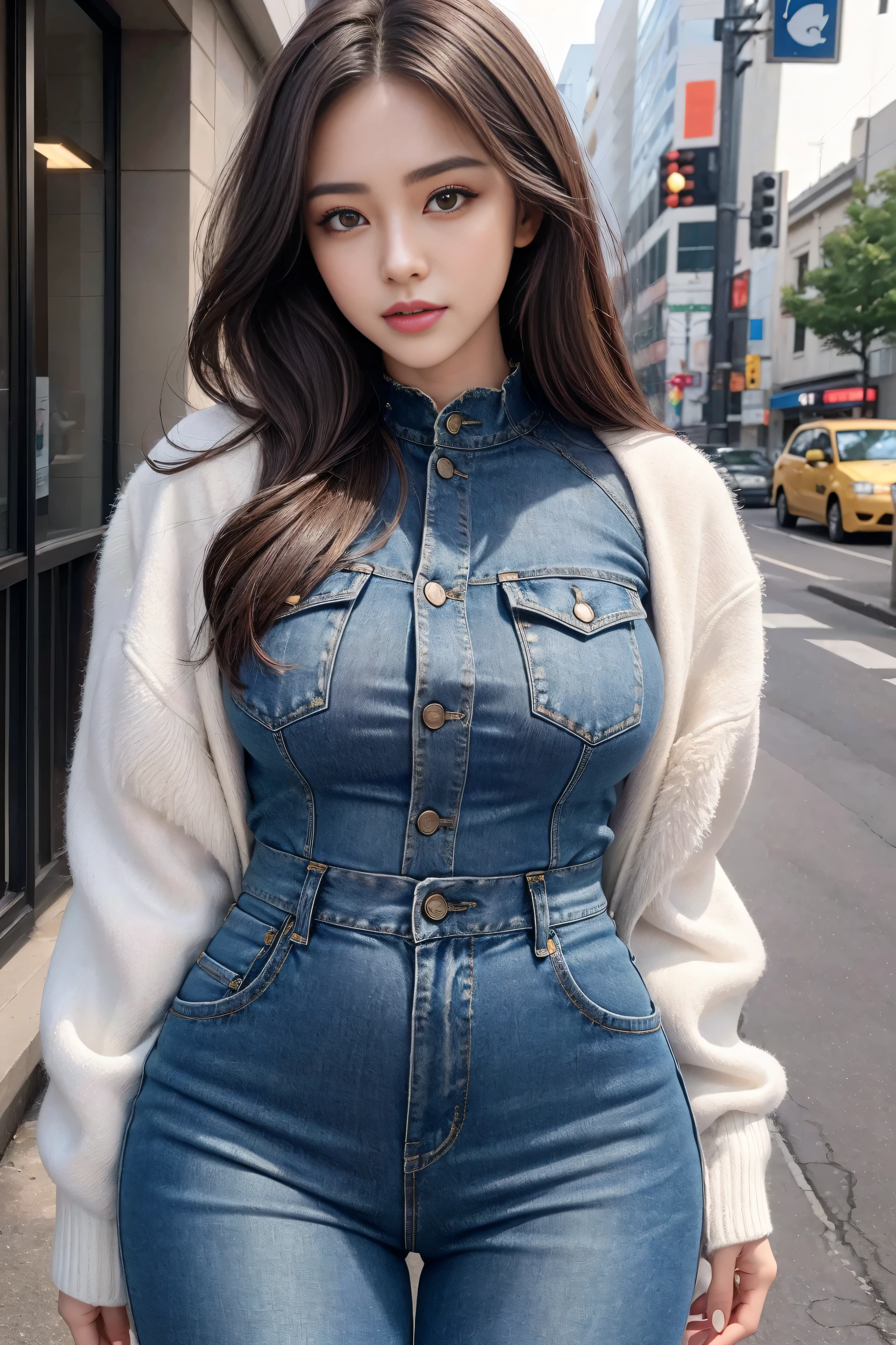 ((Realistic lighting, best quality, 8k, masterpiece:1.3)), (lock focus:1.2), 2 girls, Beautiful woman with perfect body:1.4, : beautiful korean girl, kpop idol，Leg length，(pale skin), (big eyes),（Smile：0.8），（plump sexy lips）， complex and detailed face, ((Skin is super delicate))，delicate face，Super face slimming，narrow eyes，double eyelids，((Dark brown hair)), (white lace underwear:1.4）,Background Shibuya streets，emphasize，Super face slimming，narrow eyes，double eyelids，（start from below：1.manner，（medium chest：1.2），Sexy long legs， （Thigh clearance：1.5），wide hips，S-shaped body， Hips raised，Leg length，Skinny denim trousers，Shot from the front，long over-the-knee leather boots，