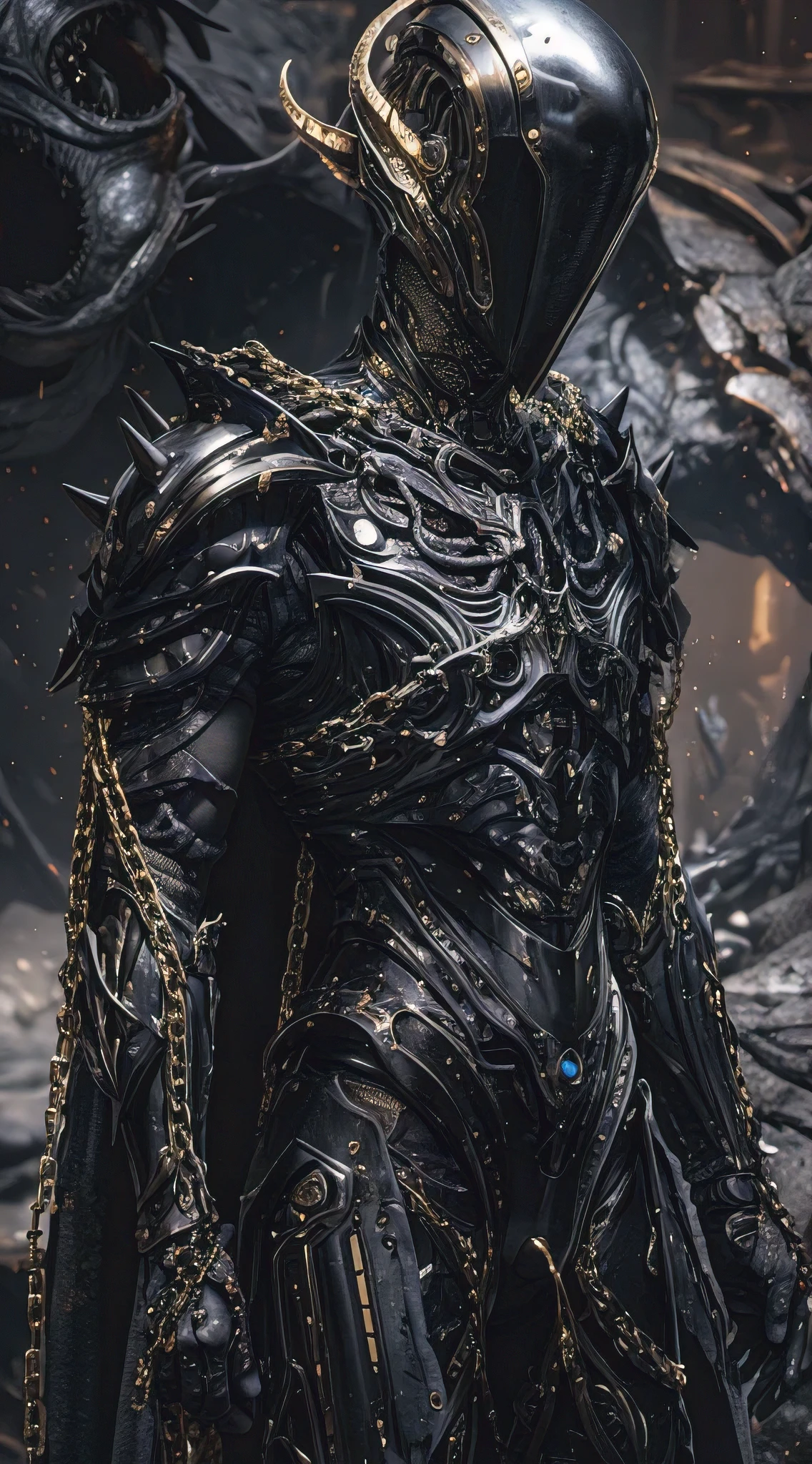 humanoid creature of untold horrors, absolute chaos, unpure beings, armors, leathers, spikes, chains, vantablack, liquid gold and silver accent, apex of evil, enslaving, oath of the unclean, parallel universe entity from a dying star, colossal, in the style of giger and brom, perfect illustration