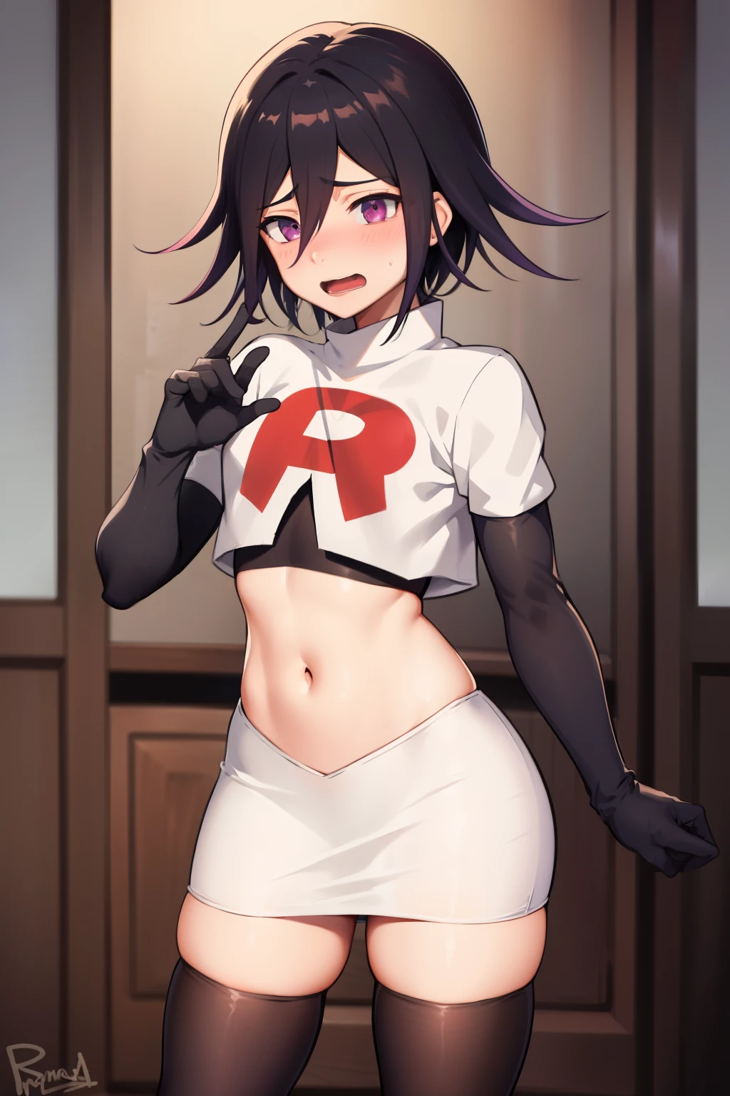 absurdres, cowboy shot, solo, male focus, trap, 1boy, crossdressing,1boy, oma kokichi, team rocket,team rocket uniform,white skirt,red letter R,crop top,black thigh-highs,black elbow gloves, embarrassed, blush