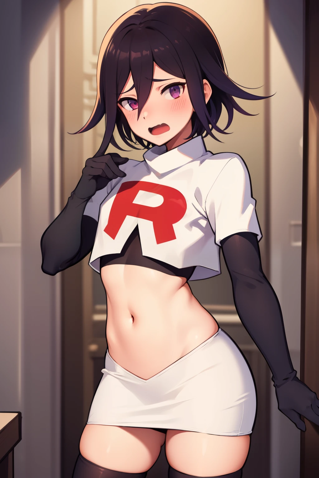 absurdres, cowboy shot, solo, male focus, trap, 1boy, crossdressing,1boy, oma kokichi, team rocket,team rocket uniform,white skirt,red letter R,crop top,black thigh-highs,black elbow gloves, embarrassed, blush
