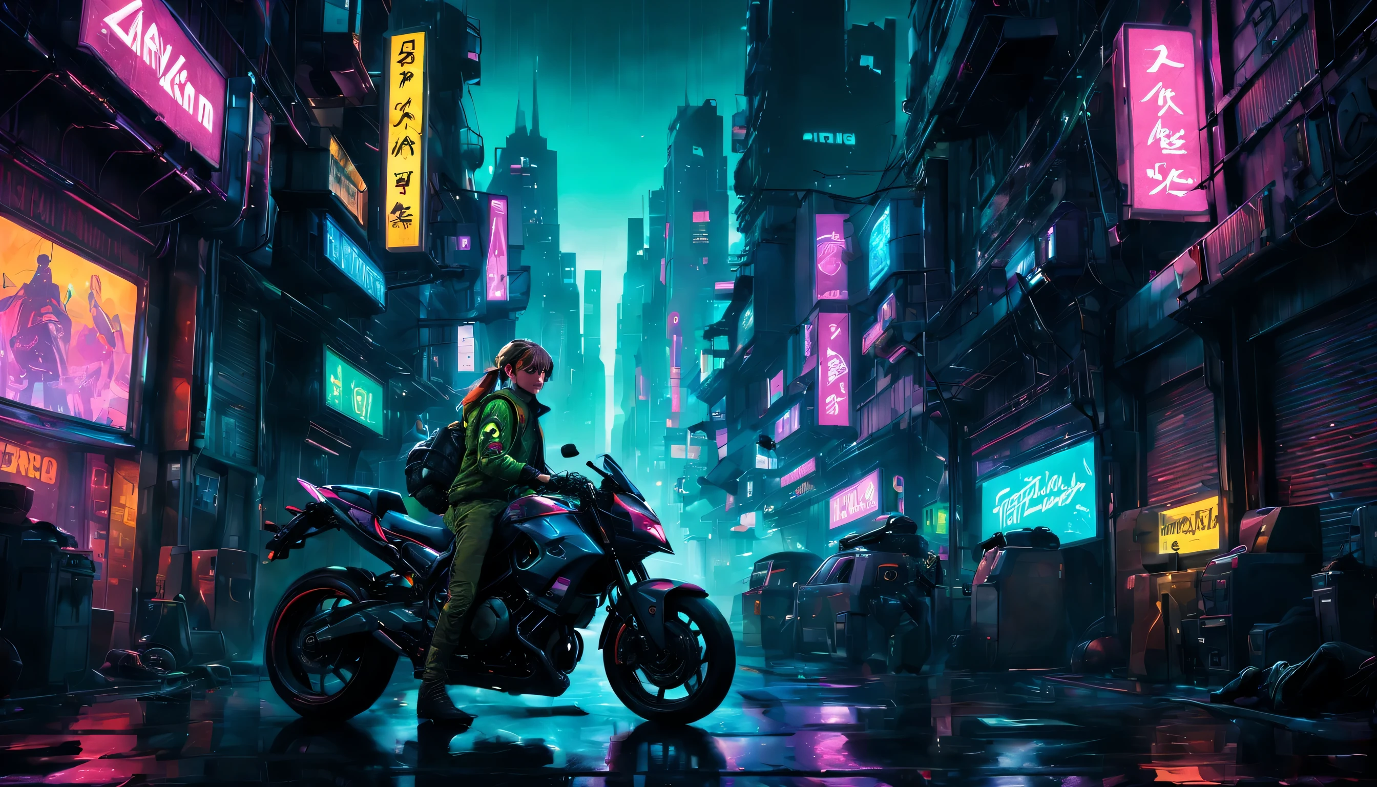 award-winning artwork of Zelda in a cyberpunk setting, neon-lit cityscape, futuristic, gritty, vibrant colors, detailed cybernetic enhancements, holographic projections, urban decay, by renowned digital artist, inspired by Blade Runner, trending on ArtStation, high contrast, dramatic lighting, cinematic composition, masterpiece, best quality, high quality, absurdres, two friends race on futuristic Akira themed motorcycles through downtown Tokyo. They wear cyberpunk jackets, surrounded by cars, fully immersed in the virtual world. Neon signs of different colors bathe the room in a vibrant glow, illuminating his gaming setup and highlighting his unique style. Focus on the expression of joy and determination on his face, showcasing the empowering experience of gaming despite physical limitations.