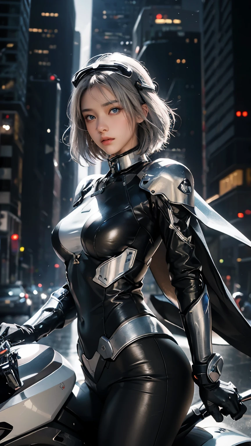 Highest image quality, outstanding details, ultra-high resolution, (realism: 1.4), the best illustration, favor details, highly condensed 1girl, with a delicate and beautiful face, dressed in a black and silver mecha, wearing a mecha helmet, holding a directional controller, riding on a motorcycle, cool beauty,tall girl,short hair,silver hair,Precisely expresses details such as face and skin texture,beautiful eye, blue eye,double eyelid,delicate skin,slender body shape,alone,big breasts,the background is a high-tech lighting scene of the future city.