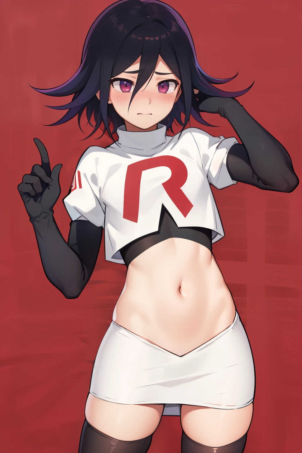 absurdres, cowboy shot, solo, male focus, trap, 1boy, crossdressing,1boy, oma kokichi, team rocket,team rocket uniform,white skirt,red letter R,crop top,black thigh-highs,black elbow gloves, embarrassed, blush