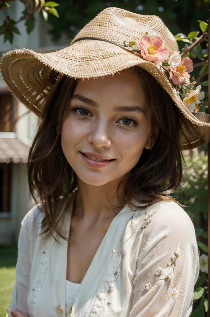 (best quality,4k,8k,highres,masterpiece:1.2),ultra-detailed,(realistic,photorealistic,photo-realistic:1.37),portrait,beautiful detailed face,fine art,stylish hat and jacket,warm color palette,vivid colors,soft natural lighting,delicate brushwork,distinctive smile,playful expression,expressive eyes,bright eyes,long eyelashes,rosy cheeks,radiant glow,blissful mood,feminine charm,lovely atmosphere,joyful vibe,carefree spirit,innocent joy,positive energy,serene background,gentle breeze,blooming flowers,peaceful garden,harmony with nature,stylish accessories,top-notch fashion sense,sophisticated style,contemporary masterpiece