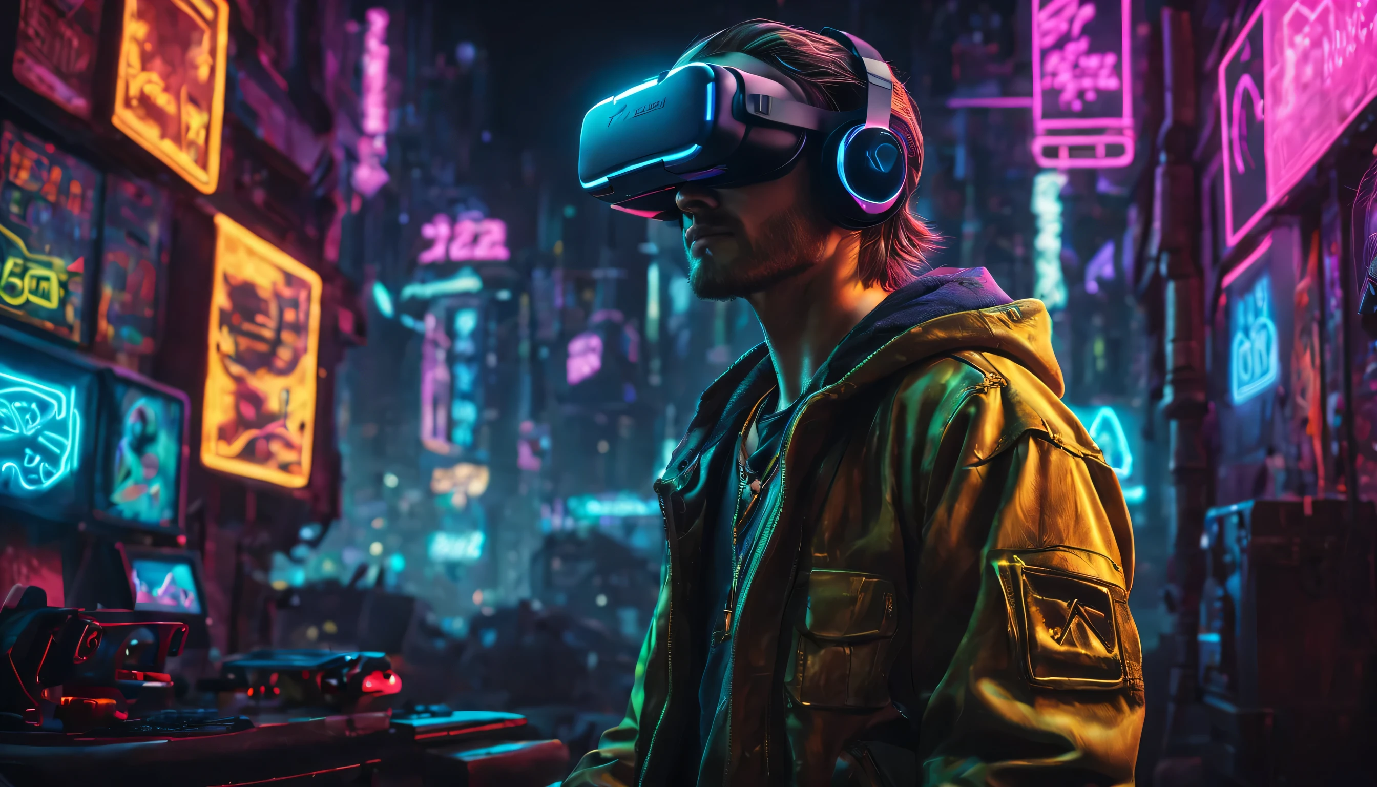 award-winning artwork of Zelda in a cyberpunk setting, neon-lit cityscape, futuristic, gritty, vibrant colors, detailed cybernetic enhancements, holographic projections, urban decay, by renowned digital artist, inspired by Blade Runner, trending on ArtStation, high contrast, dramatic lighting, cinematic composition, masterpiece, best quality, high quality, absurdres, a man, relaxed and smiling in his personalized gaming room. He wears an VR headset, fully immersed in the virtual world. Neon signs of different colors bathe the room in a vibrant glow, illuminating his gaming setup and highlighting his unique style. Focus on the expression of joy and determination on his face, showcasing the empowering experience of gaming despite physical limitations.
