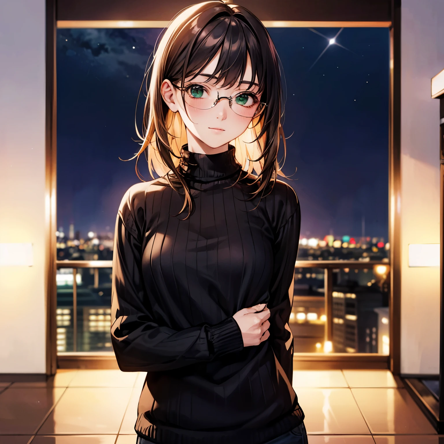 Japanese girl wearing casual clothes at the shopping mall, Pay attention to your audience、green eyes、東京のnight view、(highest quality、master masterpiece)))、HD fine、very detailed、master masterpiece、movie lighting、(8k、highest quality、master masterpiece:1.2)、(realistic、Photoreal:1.37) High resolution、Super detailed、woman wearing glasses、Silent expression、round glasses、Asian, cute, cute顔, alone, rough skin, Beautiful smile, Beautiful and detailed night sky, night view, movie lighting, Depth of written boundary, lens flare light、date、(blush your nose)、、(closed your mouth)small breasts、beautiful detailed eyes、(sweater:1.1)