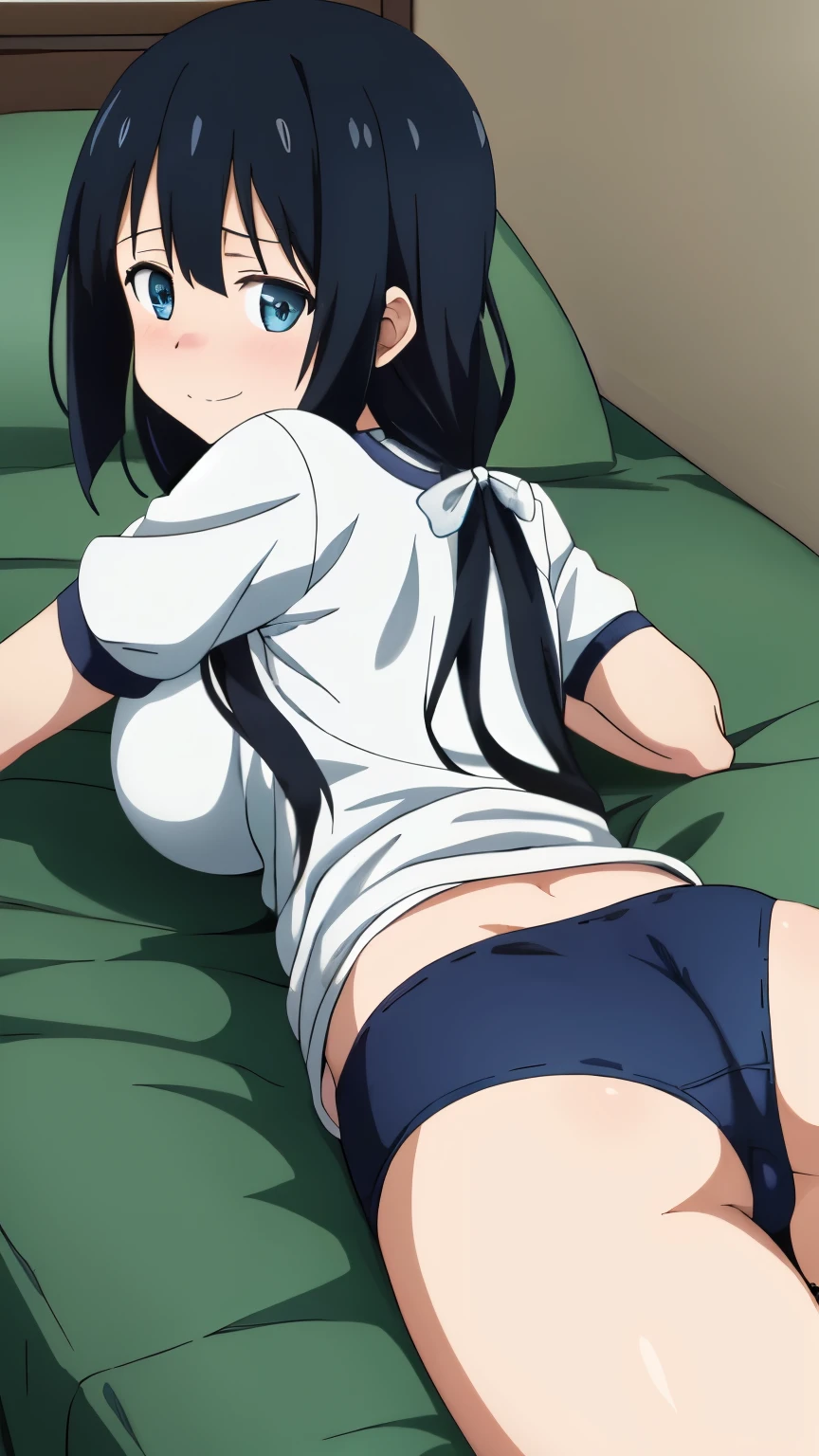 absurdres, ultra detailed, high resolution, 1girl, from behind, on stomach, lying on bed, posed photo, wide-angle photo, perfect anatomy, big ass, (buruma), gym uniform, white t-shirts, gigantic breasts, Tougou_mimori, long hair, light blue eyes, black hair, ribbon, naughty smile, embarrassed look, anime, anime screencap,