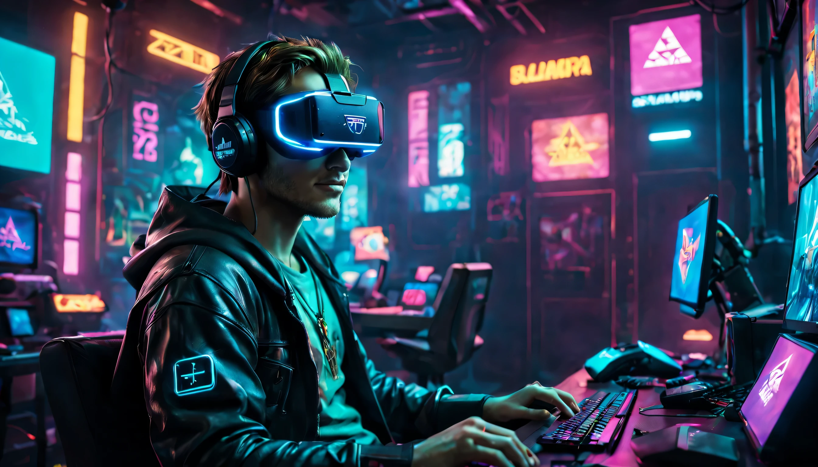 award-winning artwork of Zelda in a cyberpunk setting, neon-lit cityscape, futuristic, gritty, vibrant colors, detailed cybernetic enhancements, holographic projections, urban decay, by renowned digital artist, inspired by Blade Runner, trending on ArtStation, high contrast, dramatic lighting, cinematic composition, masterpiece, best quality, high quality, absurdres, a man, relaxed and smiling in his personalized gaming room. He wears an VR headset, surrounded by company logos, fully immersed in the virtual world. Neon signs of different colors bathe the room in a vibrant glow, illuminating his gaming setup and highlighting his unique style. Focus on the expression of joy and determination on his face, showcasing the empowering experience of gaming despite physical limitations.
