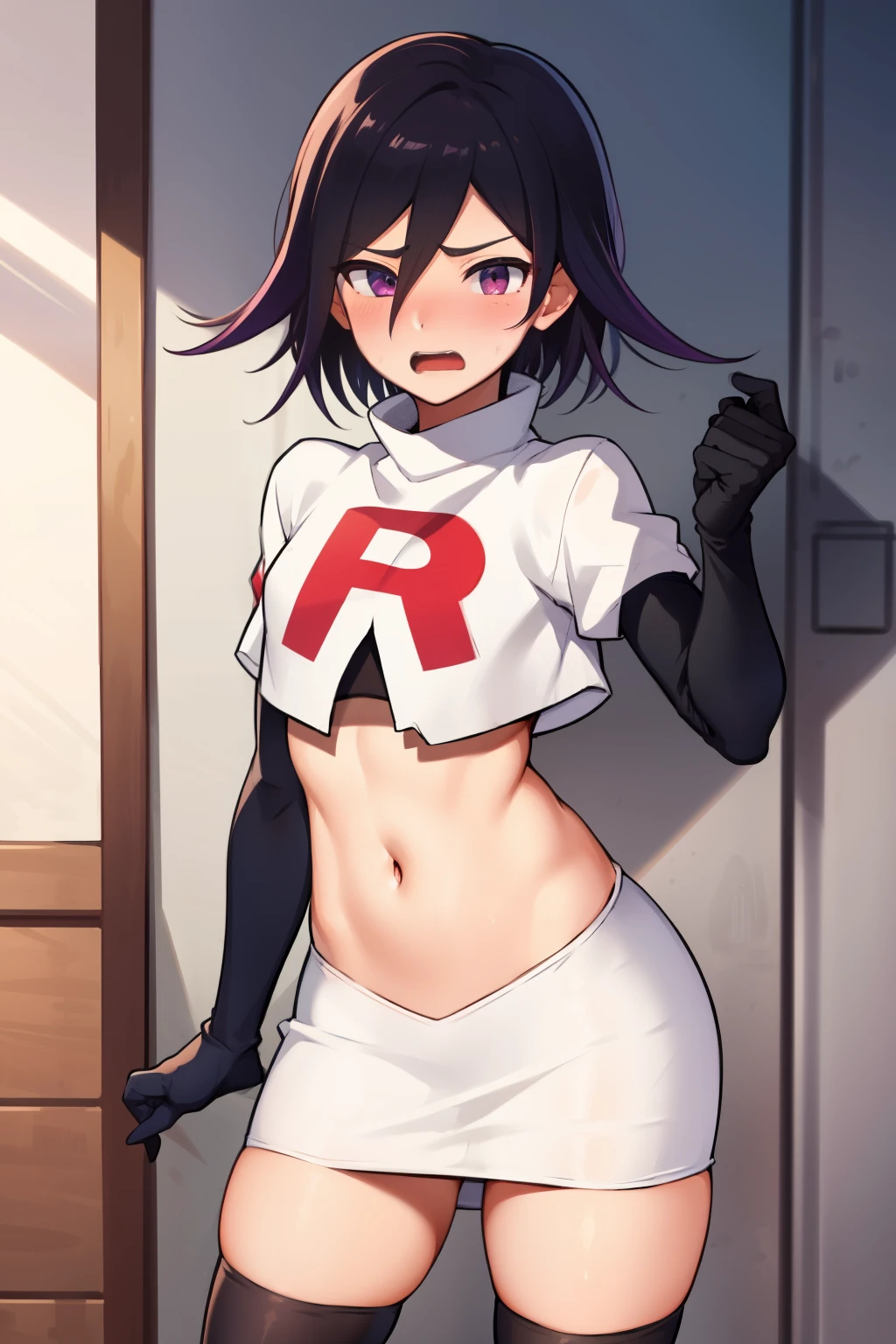 absurdres, cowboy shot, solo, male focus, trap, 1boy, crossdressing,1boy, oma kokichi, team rocket,team rocket uniform,white skirt,red letter R,crop top,black thigh-highs,black elbow gloves, embarrassed, blush