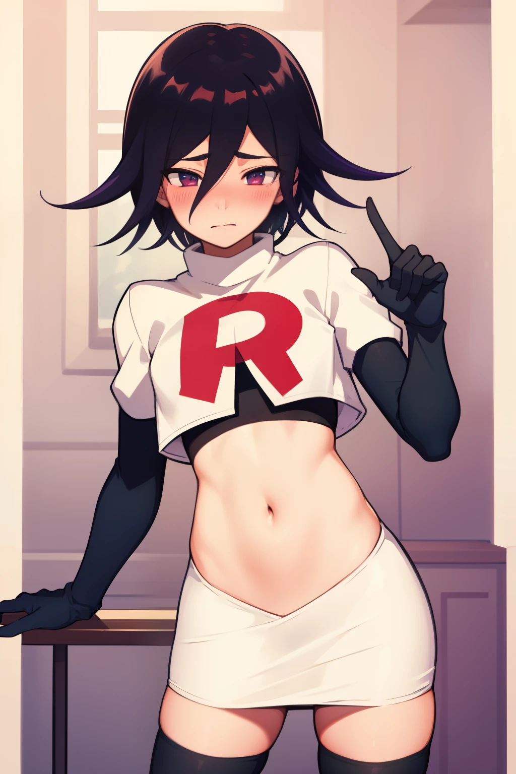 absurdres, cowboy shot, solo, male focus, trap, 1boy, crossdressing,1boy, oma kokichi, team rocket,team rocket uniform,white skirt,red letter R,crop top,black thigh-highs,black elbow gloves, embarrassed, blush