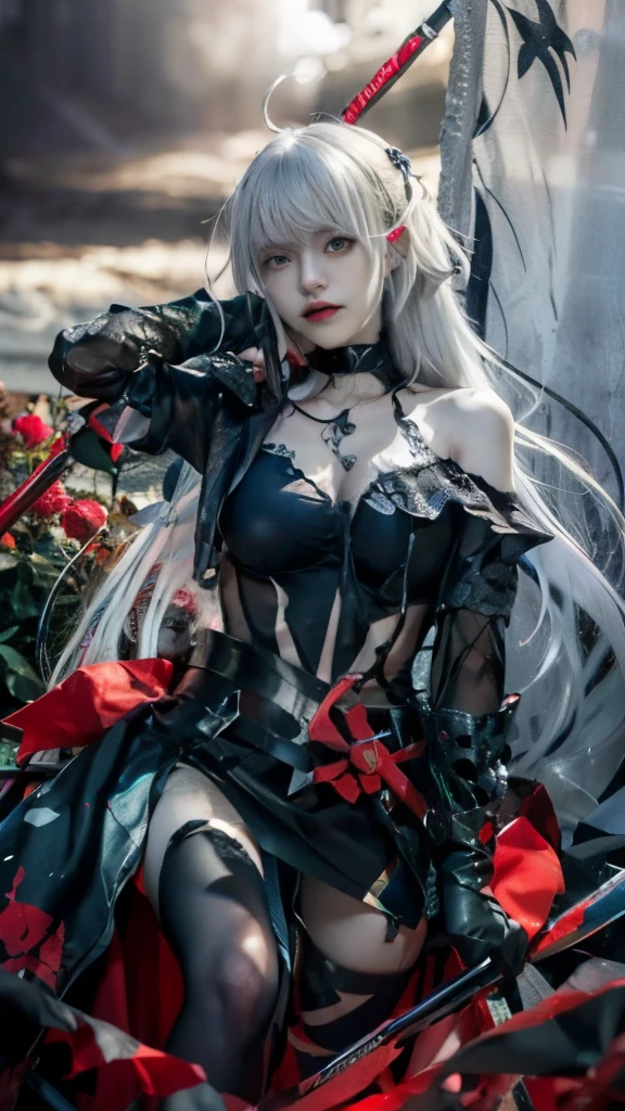 a woman with long white hair and black clothes holding a scythe, gothic maiden anime girl, gapmoe yandere grimdark, nightcore, fate grand order, detailed key anime art, she is the queen of black roses, anime style like fate/stay night, black rose, fate / stay night, from arknights, portrait gapmoe yandere grimdark