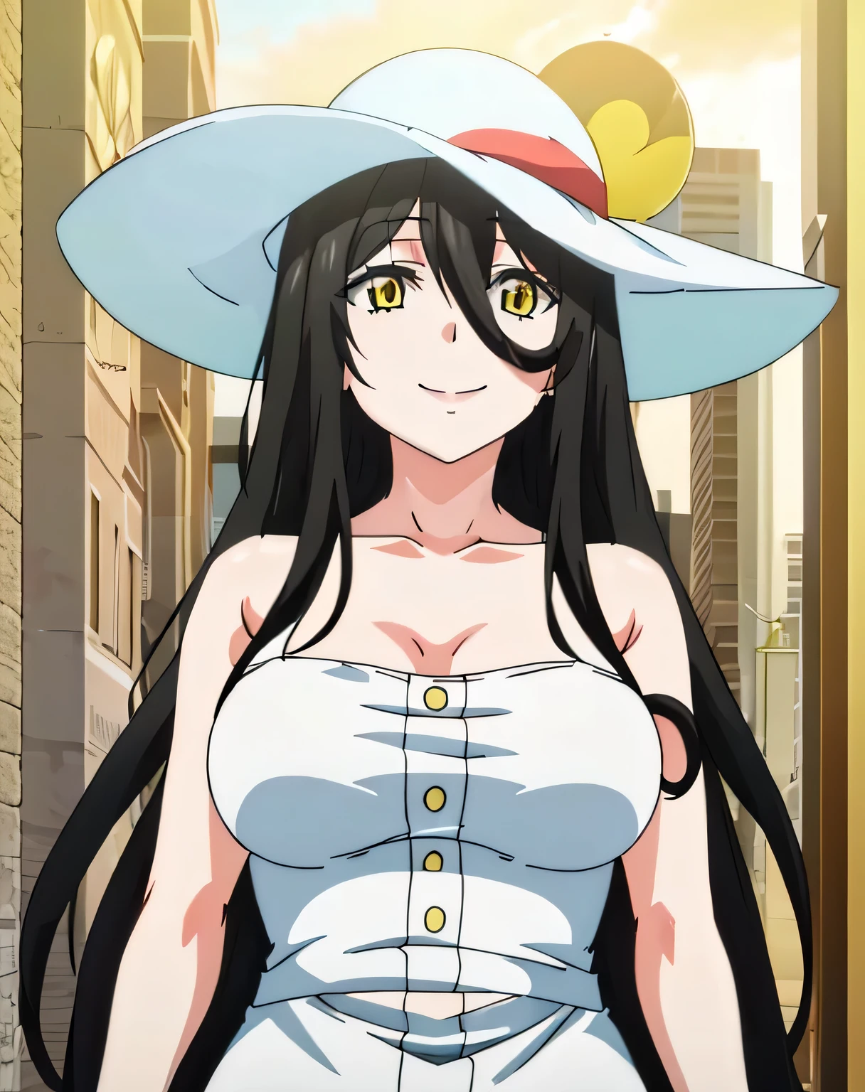 HASSHAKU, large breasts, white dress, black hair, long hair, white headwear, sun hat, yellow eyes, 1girl, solo, upper body, facing viewer, (looking at viewer:1.5), in the center, smile,
