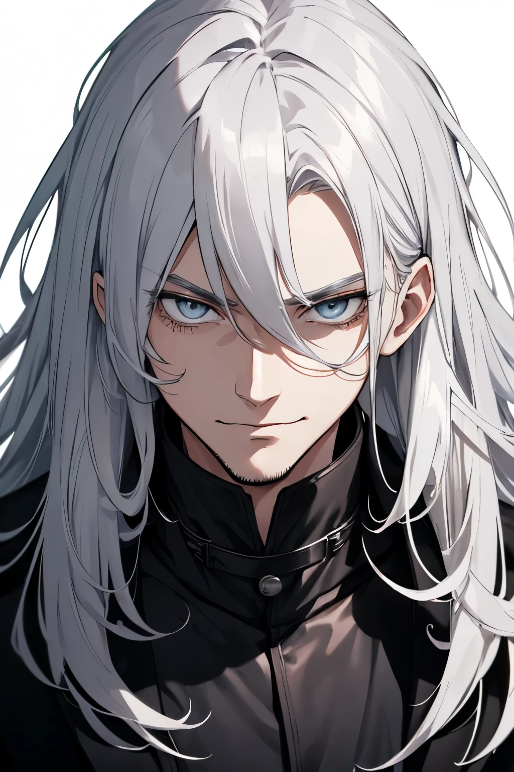 an enigmatic man, ((adult male)), tall, wearing a black coat , staring at the viewer with a slight smile, anime style art, detailed face, silver unsettling eyes, charismatic look, long silver hair, high quality, cult leader, ((white background)), ((hysteric laugh))