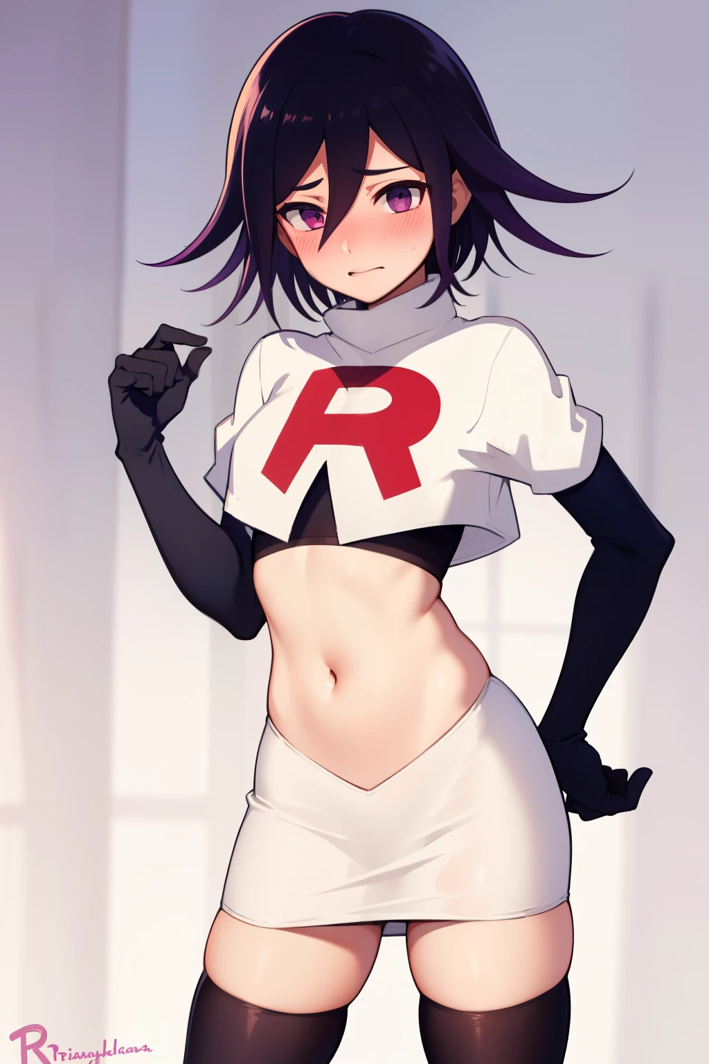 absurdres, cowboy shot, solo, male focus, trap, 1boy, crossdressing,1boy, oma kokichi, team rocket,team rocket uniform,white skirt,red letter R,crop top,black thigh-highs,black elbow gloves, embarrassed, blush