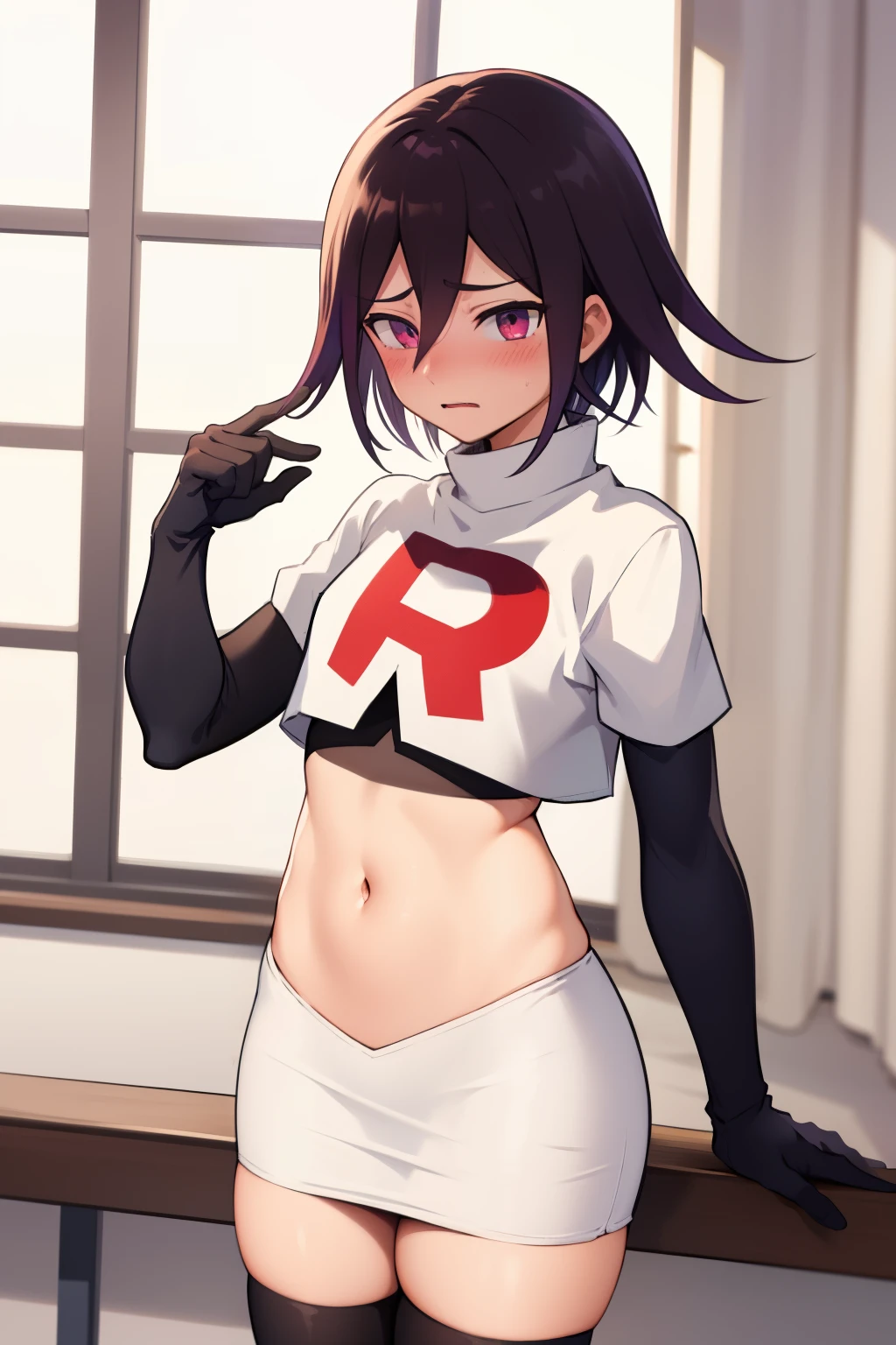 absurdres, cowboy shot, solo, male focus, trap, 1boy, crossdressing,1boy, oma kokichi, team rocket,team rocket uniform,white skirt,red letter R,crop top,black thigh-highs,black elbow gloves, embarrassed, blush