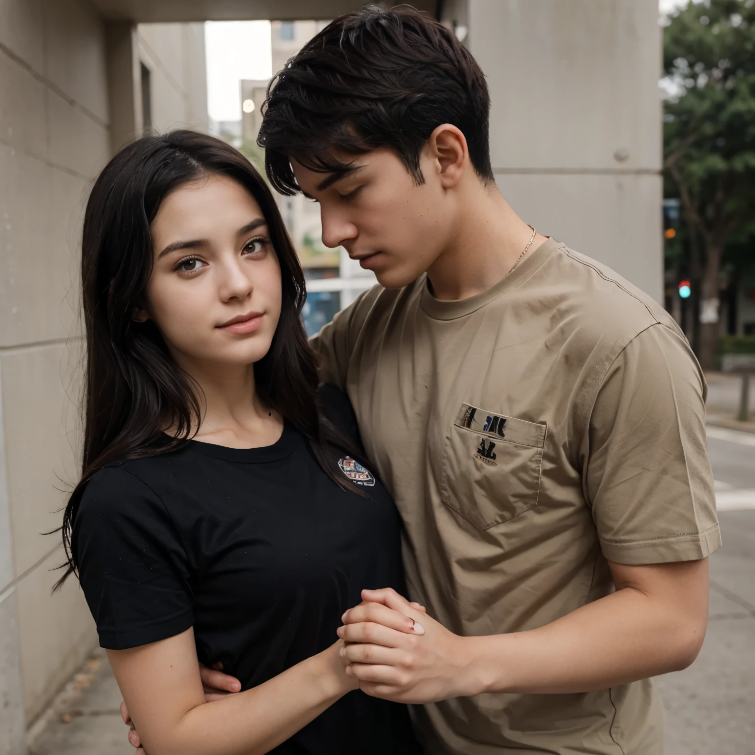 girl with dark hair, a boy with dark hair wear combat shirt, holding hands, and anime 