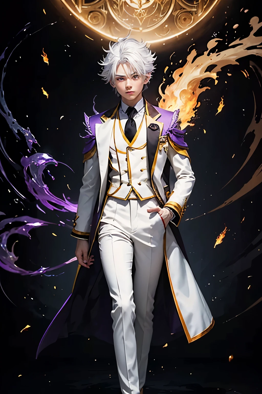 White haired teen, tan skin, purple eyes, wizard with flames surrounding body, black and yellow tailored suit
