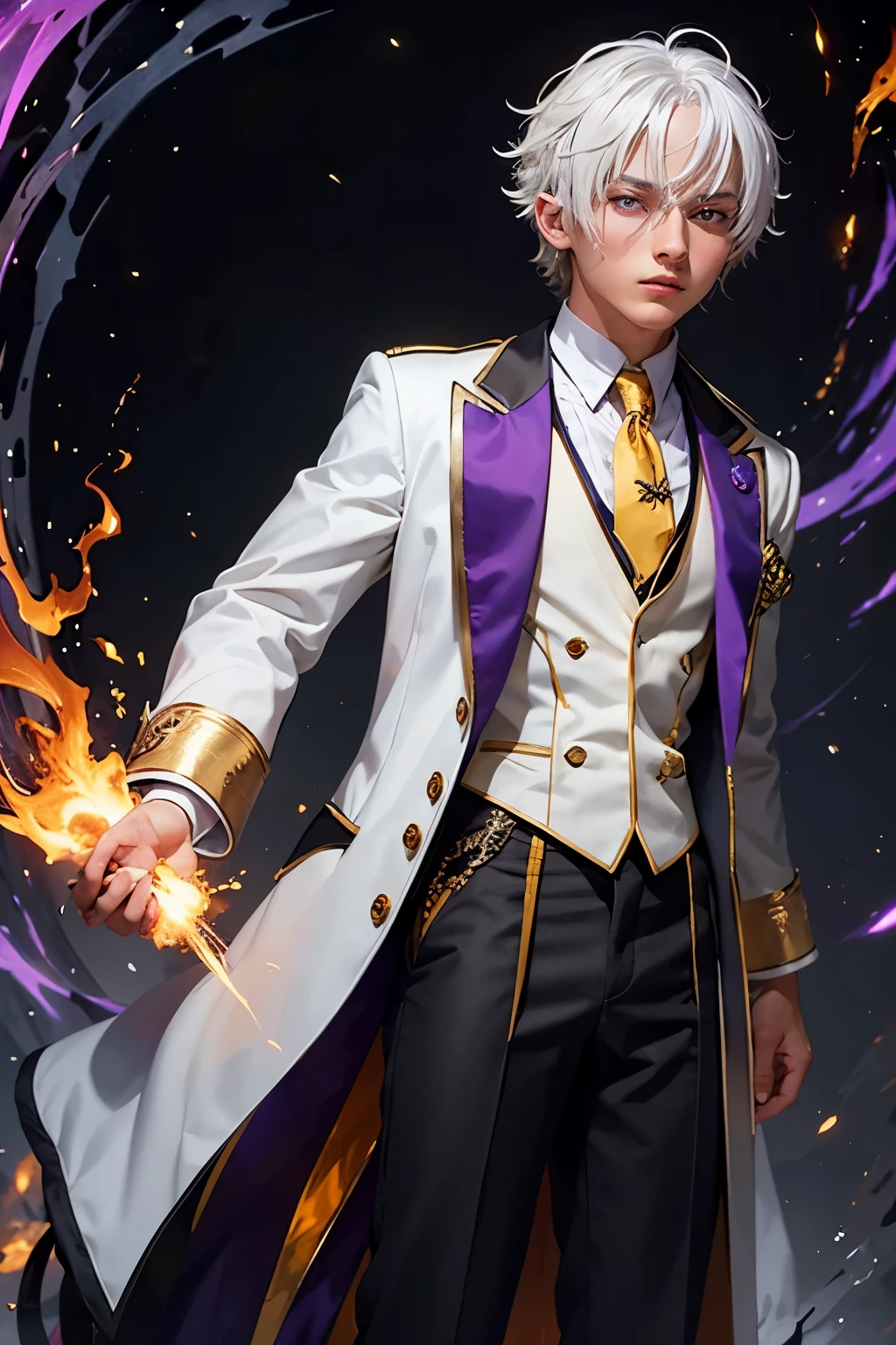 White haired , tan skin, purple eyes, wizard with flames surrounding body, black and yellow tailored suit