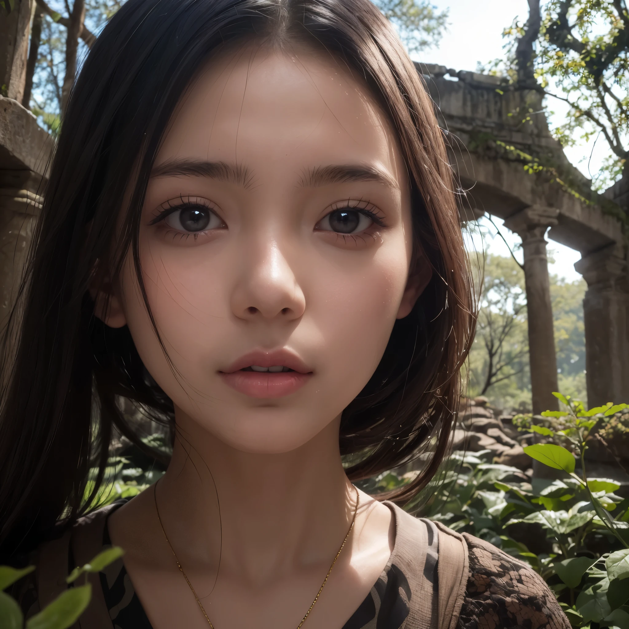 girl, solo, close up, at ancient ruins, in the forest
