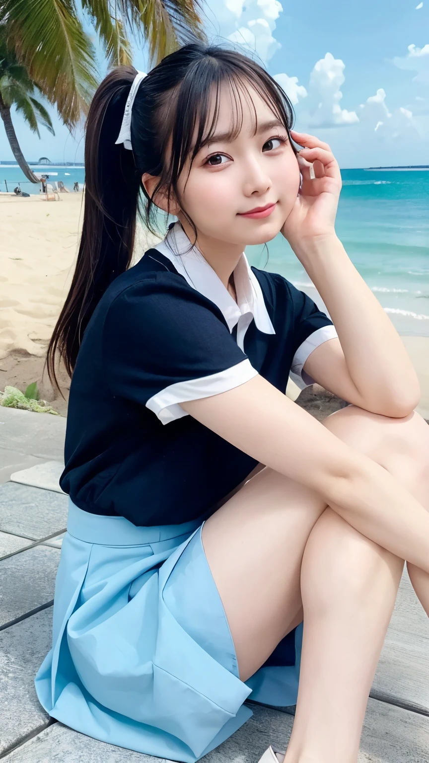 ((masterpiece)), (best quality), (beautiful eyes), (ultra-detailed), (finely detail), (highres), colorful, pastel color, perfect anatomy, (1 cute girl), black hair, kawaii, blue sky, high school girl, school uniform, short sleeve shirt, bow, pleated skirt, summer, happiness, short ponytail, sandy beach, contrail, Lens flare, wet, laughing, (From the side), barefoot, cowboy shot, dynamic angle, really like!, sitting with one's knees up, fine, (holding my knees:1.2),