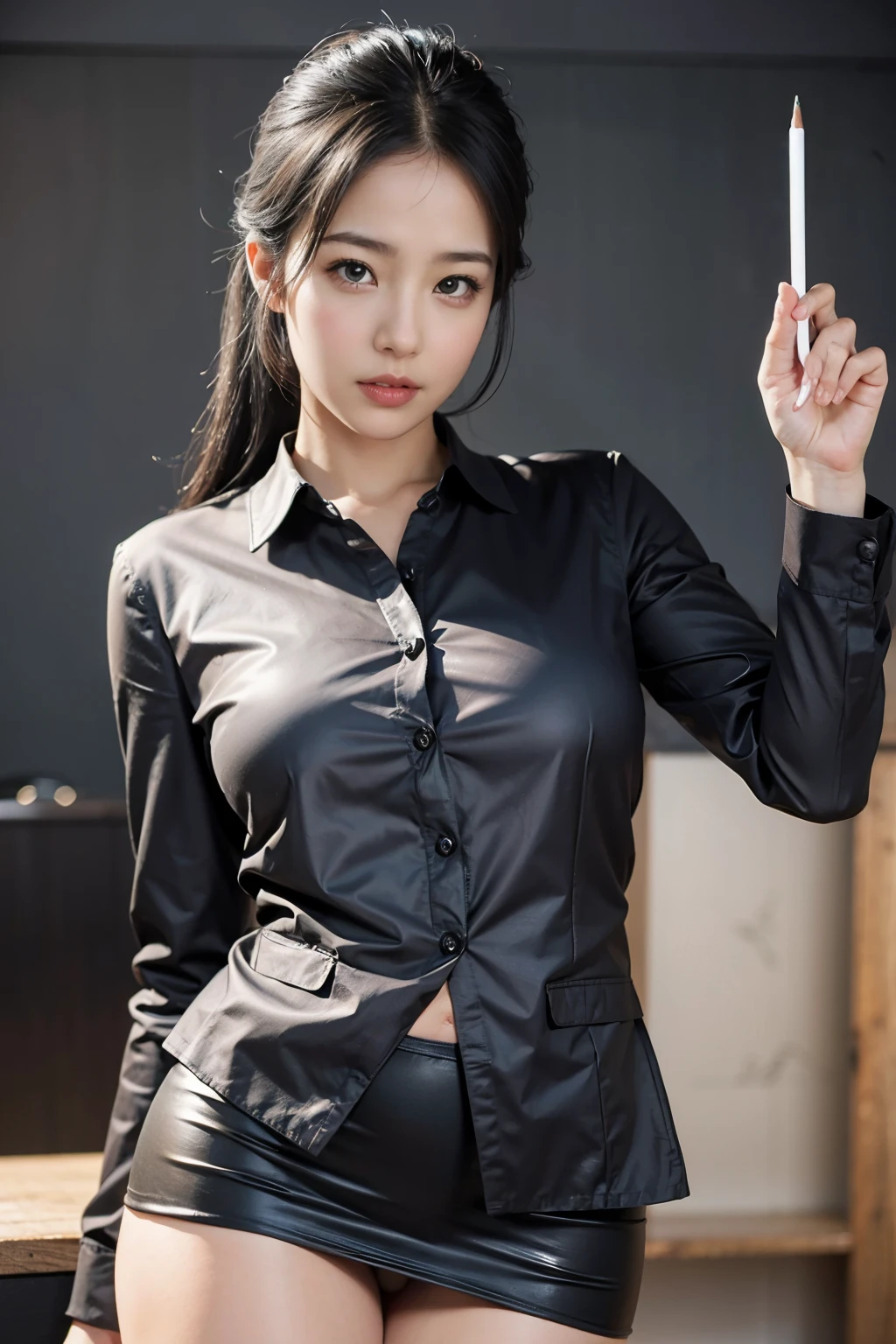 1 female, Stand in front of the blackboard with a pointer in hand, a book, teacher, short pencil skirt, black underwear, Translucent blouse, The top button of the blouse is undone, uniform ,(masterpiece),(realistic:1.3), nfsw, super detailed, (high definition skin:1.2),(highest quality:1.0), (ultra high resolution:1.0)