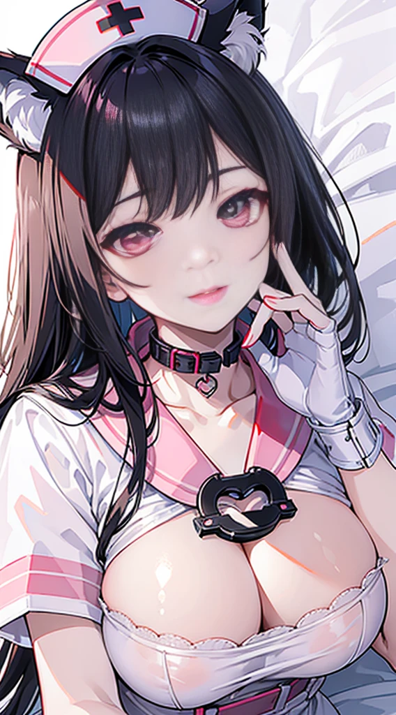 high quality, masterpiece, Super detailed, 1 girl,  detailed face，white nurse uniform，Nurse gloves，nurse cap，BDSM,handcuffs，collar，calm expression,bright red lips，Smile，handcuffs，collar，long black hair, charming pink eyes, fox ears, Ridiculously big, shiny skin, Lying on a hospital bed，hospital background，hospital ward