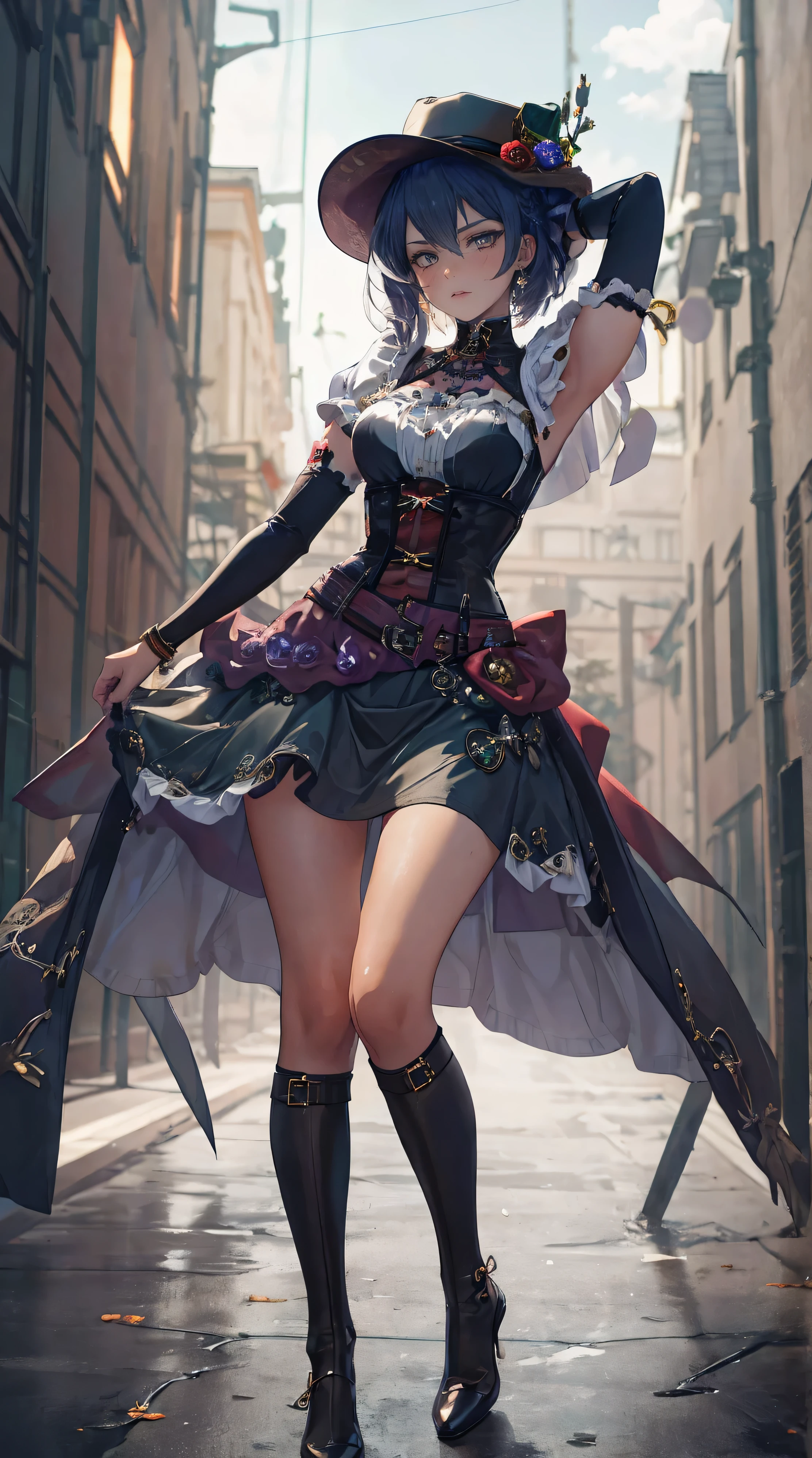 realistic, high resolution, 1 woman, hips up, beautiful eyes, long hair, big eyes, decorations, tattoo, skirt, thigh high, have, decorations, boots, belt, lips, Sentai Ryoiki, thigh boots, corset, top have, steampunk, steampunk_Costume