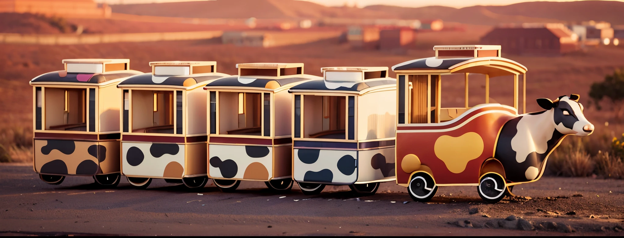 Bull shaped train，The front of the car is a cartoon cow face，Convert to a photorealistic rendering style，3D rendering style，Highly realistic，best quality