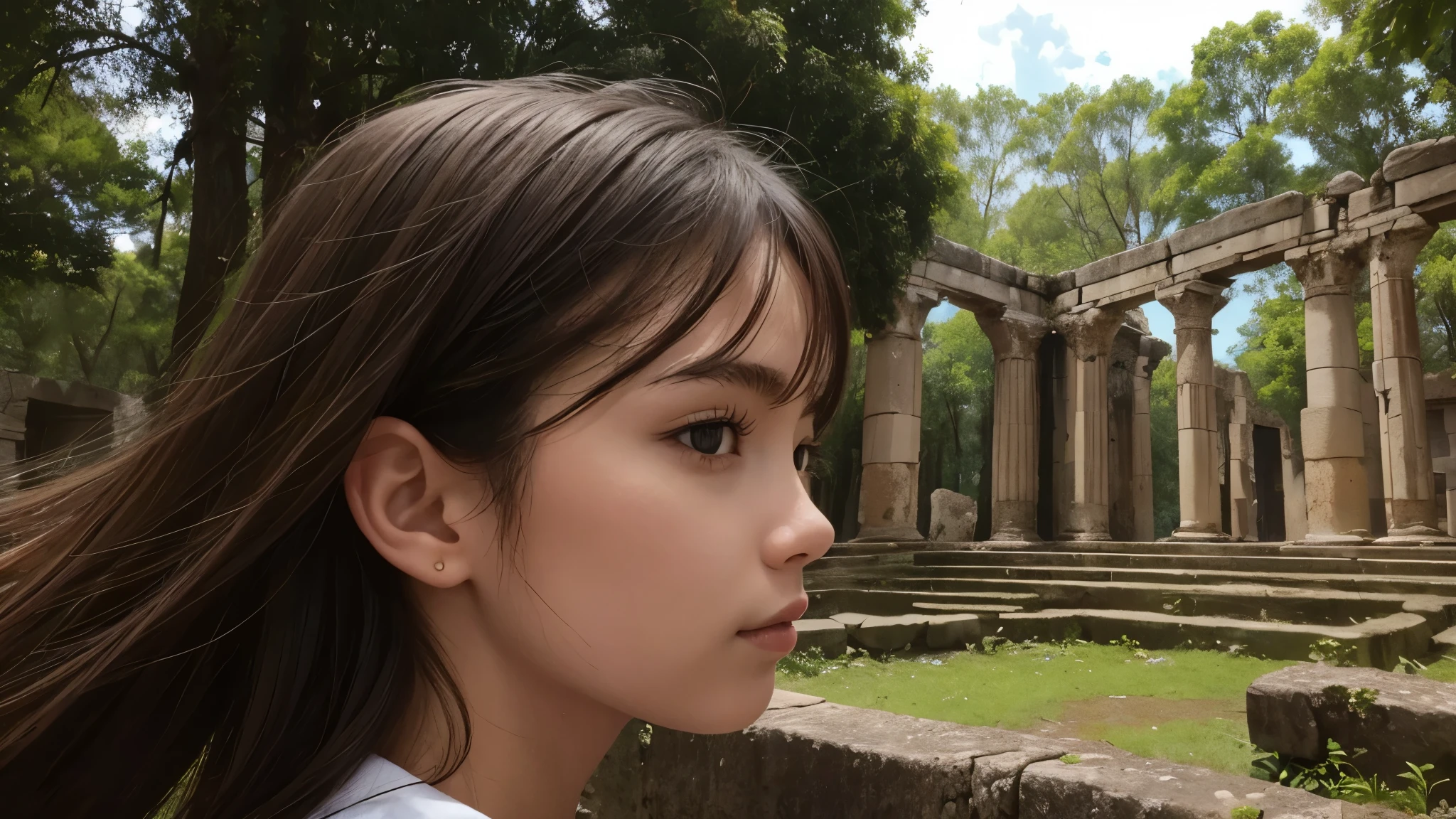 girl, solo, close up, at ancient ruins, in the forest