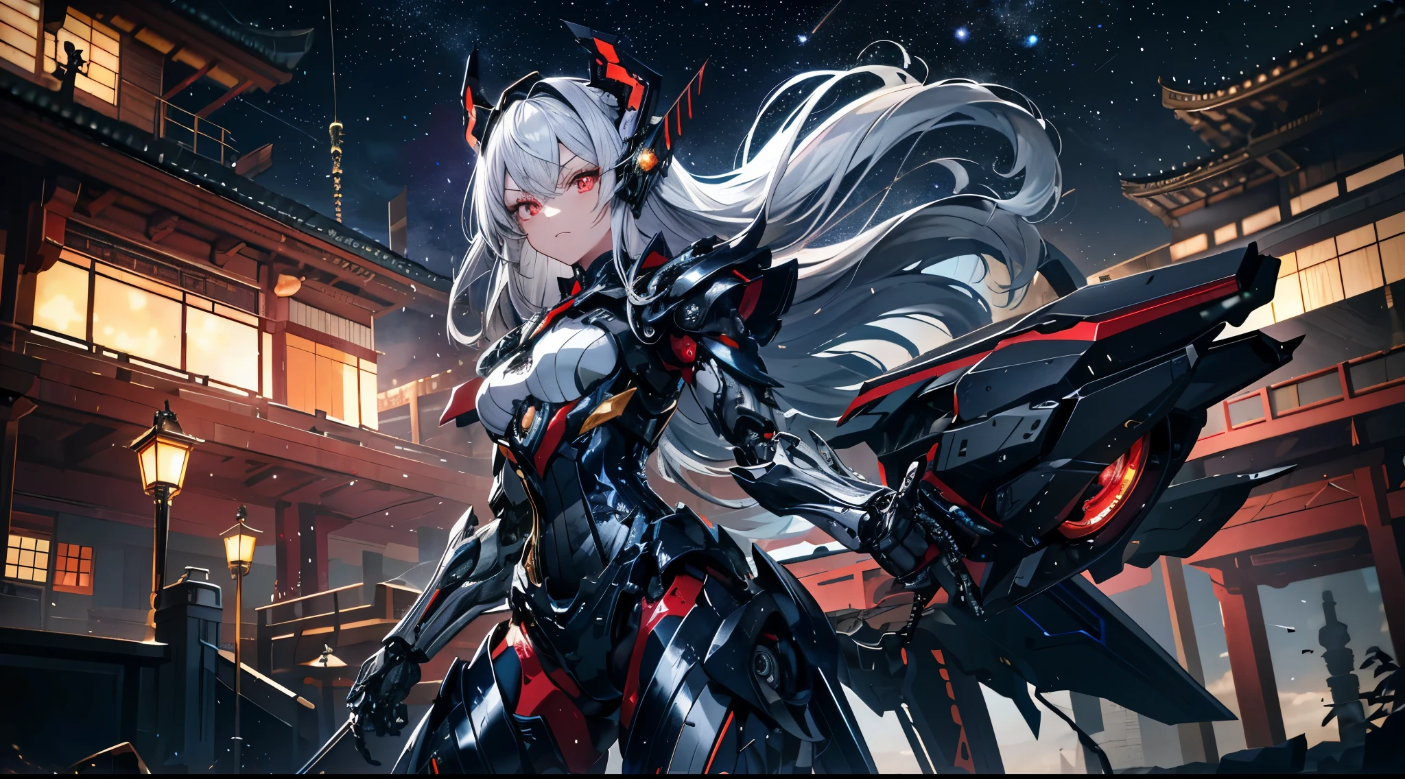 masterpiece,highest quality,Super detailed,very detailedイラスト,very detailed,intricate details,High resolution,超intricate details,very detailed 8k cg wallpaper,cowboy shot, caustics,reflection,ray tracing,devil theme,star雲,dark aura,cyber effect, (1 girl:1.4),alone,alone,mecha musume,mechanical parts, robot joints,single mechanical arm, headgear, mechanical harrow,Hello、star,intricate mechanical bodysuit, my corset, full armor, very long hair,gray hair, hair between eyes, colorful hair, inner hair coloring, red eyes,shining eyes,Eye marks, random expression,random action, ancient japanese architecture,pool, starry sky,skyline,
