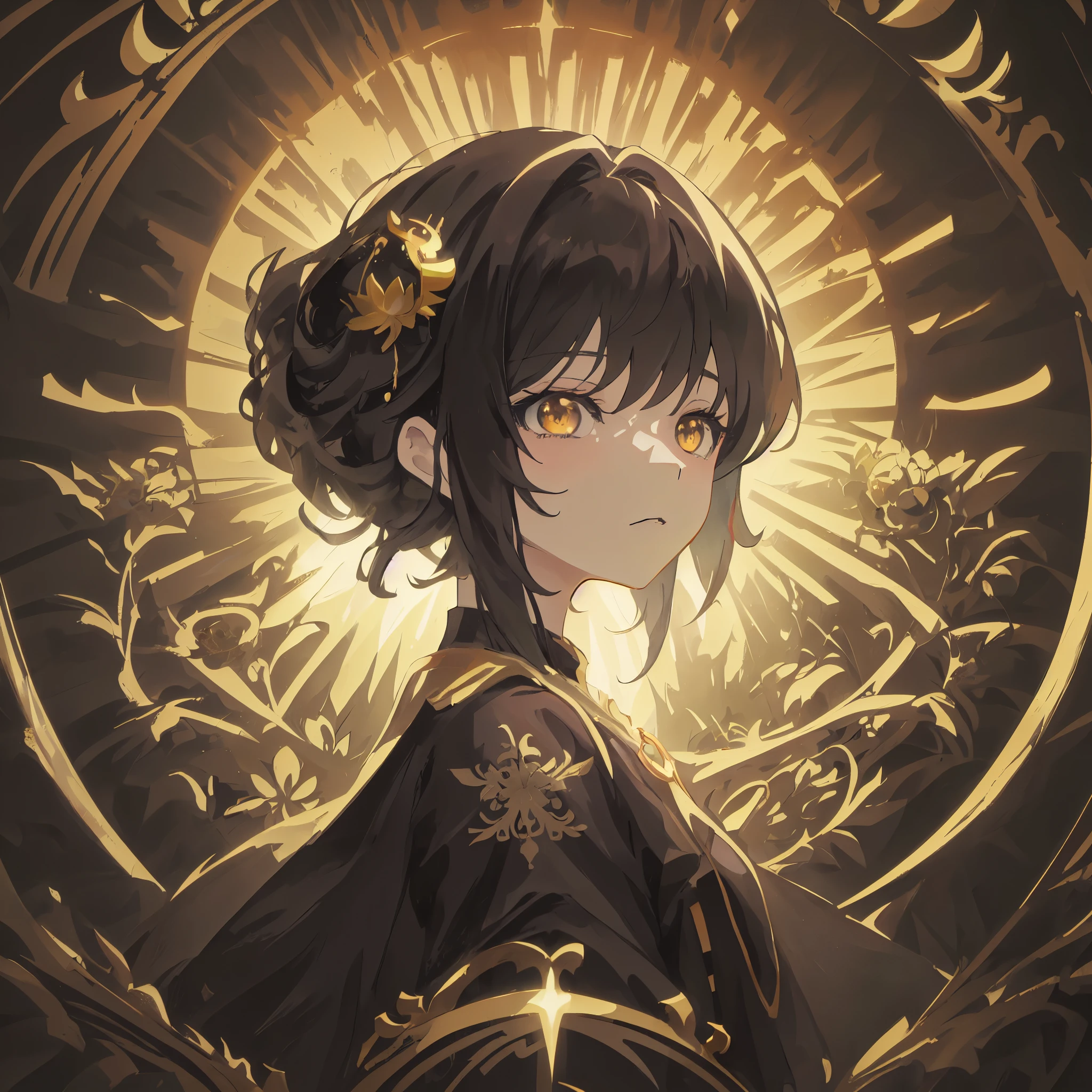 Anime girl with black hair and golden crown, intricate ornate cgi style anime, Gouvez, Detailed digital anime art, artwork in the style of Gouvez, Princess of the Gilded Lotus, high detailed official work of art, detailed key anime art, official work of art, Gouvez masterpiece, A golden halo behind his head, Gouvez on pixiv artstation