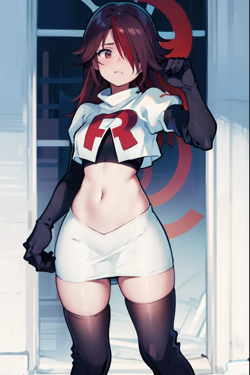 rosariarnd, hair over one eye,team rocket,team rocket uniform, red letter R, white skirt,white crop top,black thigh-highs,black elbow gloves