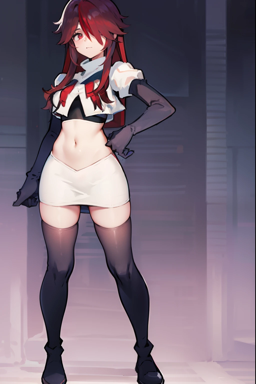 rosariarnd, hair over one eye,team rocket,team rocket uniform, red letter R, white skirt,white crop top,black thigh-highs,black elbow gloves