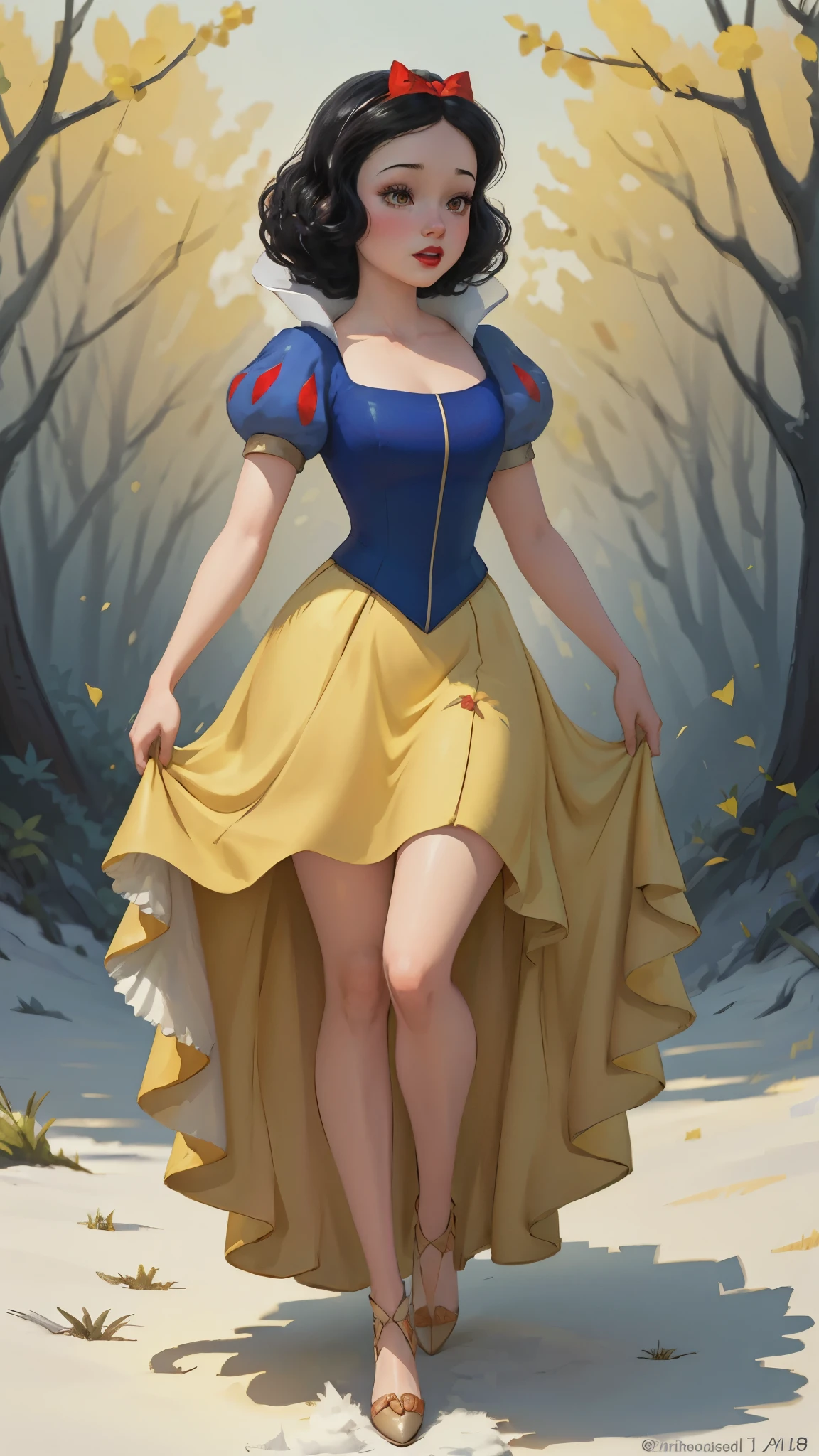 ((1 girl)), Masterpiece, (high quality, best render), (beautiful girl, snow white), (bomb, pin-up style), hot, floss, perfect body, araffed snow white in a yellow dress with a red bow, sexy snow white, portrait of snow white, pale snow white skin, 4k hd. snow white hair, disney princess, beautiful female princess, anime princess, hd artwork, official art, disney cartoon, beautiful princess, forrest background, long thin legs, large breasts, sexy pose, vibrant colors