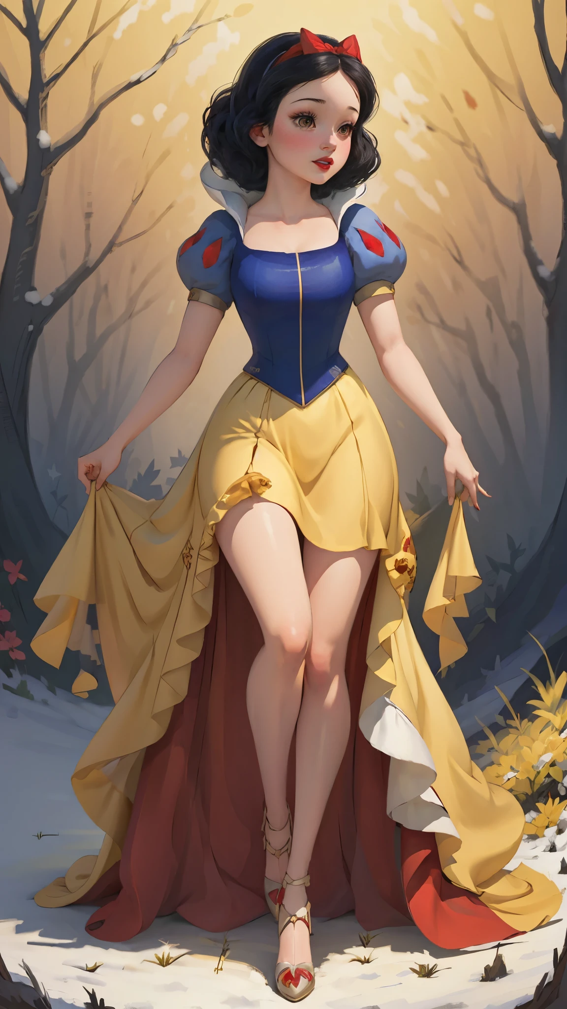 ((1 girl)), Masterpiece, (high quality, best render), (beautiful girl, snow white), (bomb, pin-up style), hot, floss, perfect body, araffed snow white in a yellow dress with a red bow, sexy snow white, portrait of snow white, pale snow white skin, 4k hd. snow white hair, disney princess, beautiful female princess, anime princess, hd artwork, official art, disney cartoon, beautiful princess, forrest background, long thin legs, large breasts, sexy pose, vibrant colors