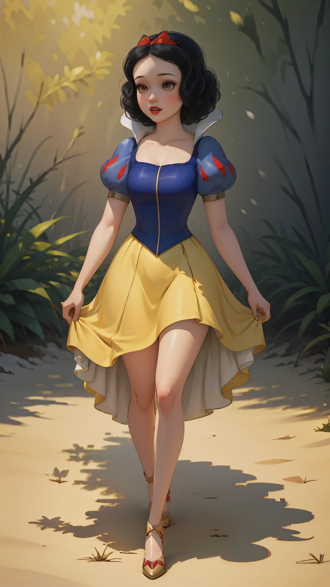 ((1 girl)), Masterpiece, (high quality, best render), (beautiful girl, snow white), (bomb, pin-up style), hot, floss, perfect body, araffed snow white in a yellow dress with a red bow, sexy snow white, portrait of snow white, pale snow white skin, 4k hd. snow white hair, disney princess, beautiful female princess, anime princess, hd artwork, official art, disney cartoon, beautiful princess, forrest background, long thin legs, large breasts, sexy pose, vibrant colors