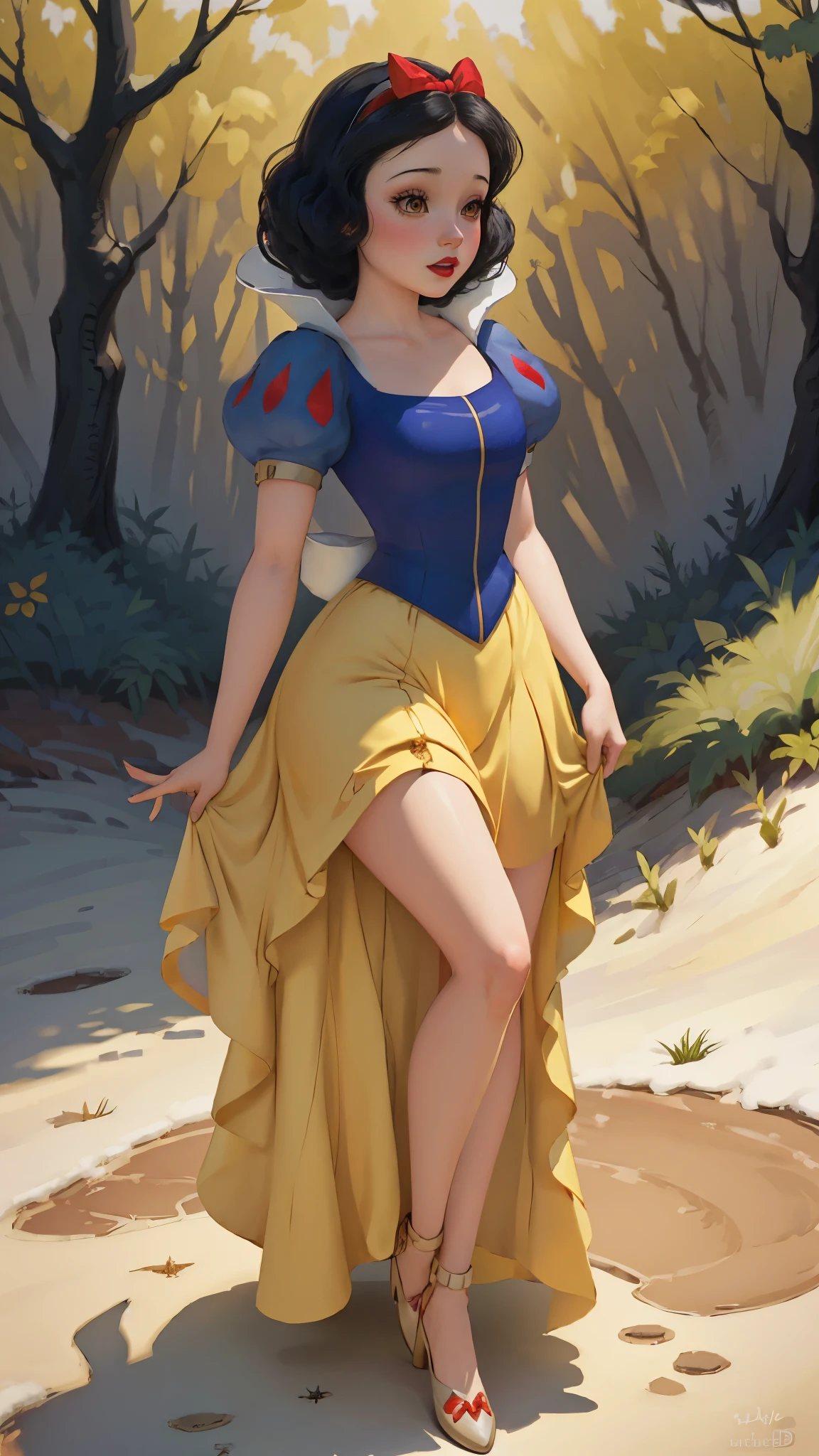 ((1 girl)), Masterpiece, (high quality, best render), (beautiful girl, snow white), (bomb, pin-up style), hot, floss, perfect body, araffed snow white in a yellow dress with a red bow, sexy snow white, portrait of snow white, pale snow white skin, 4k hd. snow white hair, disney princess, beautiful female princess, anime princess, hd artwork, official art, disney cartoon, beautiful princess, forrest background, long thin legs, large breasts, sexy pose, vibrant colors