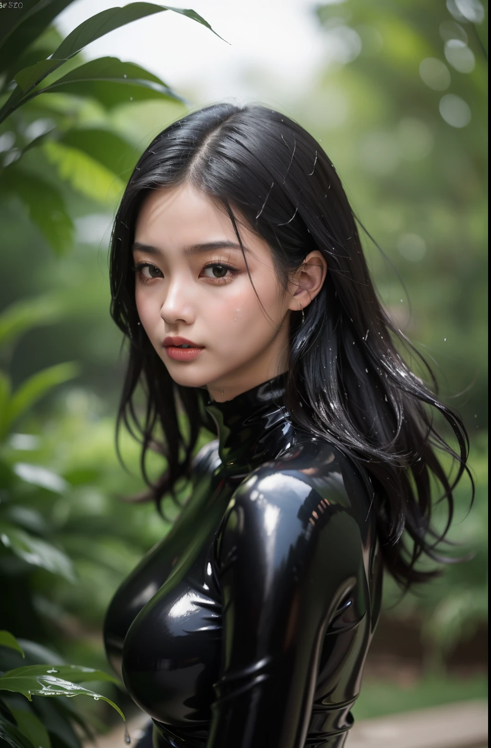 ((highest quality)), ((masterpiece)), (be familiar with), perfect face, exotic face、Asian、 1 girl, very tight black latex catsuit, very big oversized breasts, very wet, very long hair, wet hair, highest quality, highest resolution, very realistic face, very realistic eyes, very heavy chest, very big breasts, Extremely realistic clothing, sexy, very wet breasts