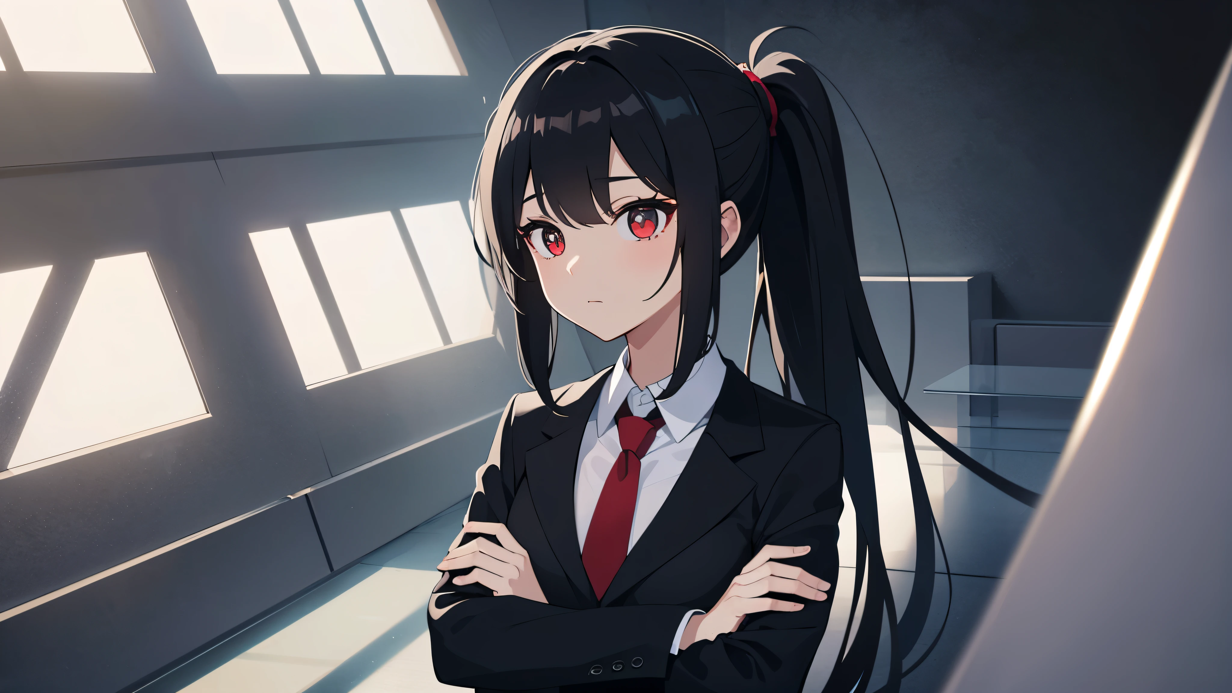 solo, 1girl, expressionless, closed mouth, crossed arms, long black hair, ponytail, sidelocks, red eyes, glowing eyes, bright pupils, black suit, white collared shirt, necktie, black pants, office space, office interior, light shaft, light rays, cowboy shot