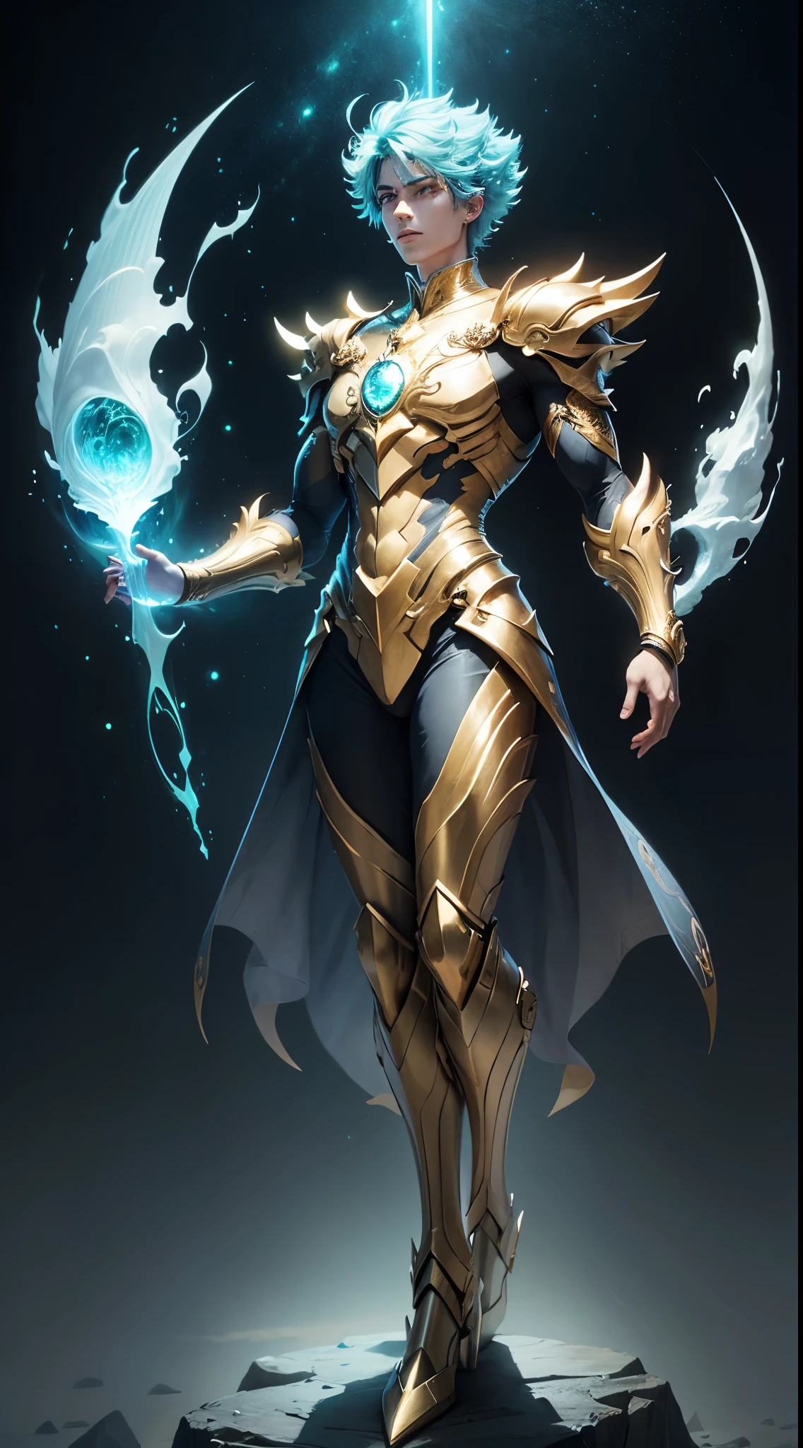 Masterpiece, Highest Quality, Ultra-Detailed, Hyper-Real, (seiya), a Man,Perfect Face, cinematic lighthing, full body, (Realistic),
Prompt:  Celestial humanoid male with a glowing blue aura and glowing green eyes, standing against a black background with blue and green light shining from both hands in a full body shot. Created using Unreal Engine 4 with cinematic lighting.  
[1] 

, a stunning celestial humanoid male emits a radiant blue aura complemented by glowing green eyes, surrounded by ethereal blue and green light emanating from both hands in a captivating full body shot. The intricate details evoke a sense of divine energy, resonating with the Unreal Engine 4 and cinematic lighting.

,
An otherworldly environment envelops the celestial humanoid male, blending hues of blue and green with cosmic surroundings that enhance the mystical essence permeating from his form.
,
The scene exudes a tranquil yet awe-inspiring atmosphere, capturing the essence of a celestial being imbued with a sense of divine power and grace.
,
A breathtaking and luminous style reminiscent of a digital illustration, highlighting the celestial humanoid male’s intricate features with a celestial glow and vibrant colors.
,
Executed with impeccable attention to detail using advanced rendering techniques and lighting effects to showcase the celestial humanoid male's divine essence in an otherworldly setting.

Negative prompt: washed out colors, mundane appearance, ordinary human, lacking intricate details, uninspired lighting, generic composition, unimpressive background, simplistic design, standard character model, lackluster execution, unoriginal concept, flat perspective, dull features, ordinary atmosphere, plain style, predictable artwork, underwhelming visuals, lack of artistic flair, common imagery, unremarkable portrayal, basic rendering, lack of creativity, generic lighting, dull texture, unimaginative scene, average artistic interpretation, uninspiring depictio
