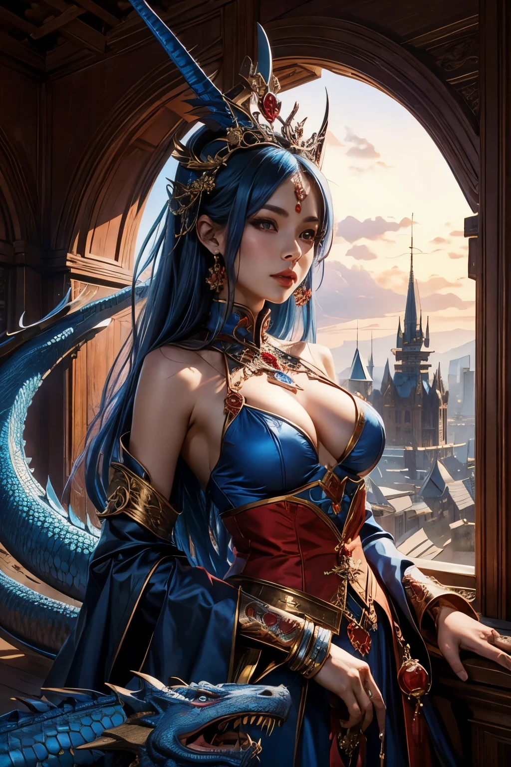 Blue Dragon Girl，Ornate tiara，dragon horn，magnificent red building