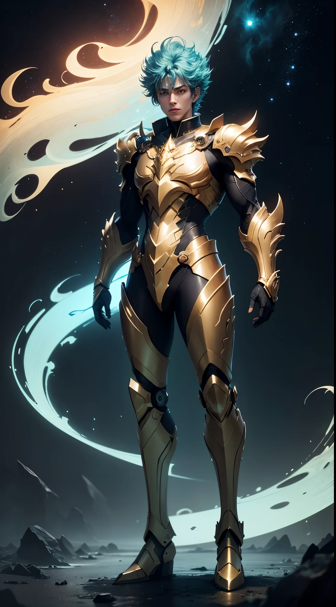 Masterpiece, Highest Quality, Ultra-Detailed, Hyper-Real, (seiya), a Man,Perfect Face, cinematic lighthing, full body, (Realistic),
Prompt:  Celestial humanoid male with a glowing blue aura and glowing green eyes, standing against a black background with blue and green light shining from both hands in a full body shot. Created using Unreal Engine 4 with cinematic lighting.  
[1] 

, a stunning celestial humanoid male emits a radiant blue aura complemented by glowing green eyes, surrounded by ethereal blue and green light emanating from both hands in a captivating full body shot. The intricate details evoke a sense of divine energy, resonating with the Unreal Engine 4 and cinematic lighting.

,
An otherworldly environment envelops the celestial humanoid male, blending hues of blue and green with cosmic surroundings that enhance the mystical essence permeating from his form.
,
The scene exudes a tranquil yet awe-inspiring atmosphere, capturing the essence of a celestial being imbued with a sense of divine power and grace.
,
A breathtaking and luminous style reminiscent of a digital illustration, highlighting the celestial humanoid male’s intricate features with a celestial glow and vibrant colors.
,
Executed with impeccable attention to detail using advanced rendering techniques and lighting effects to showcase the celestial humanoid male's divine essence in an otherworldly setting.

Negative prompt: washed out colors, mundane appearance, ordinary human, lacking intricate details, uninspired lighting, generic composition, unimpressive background, simplistic design, standard character model, lackluster execution, unoriginal concept, flat perspective, dull features, ordinary atmosphere, plain style, predictable artwork, underwhelming visuals, lack of artistic flair, common imagery, unremarkable portrayal, basic rendering, lack of creativity, generic lighting, dull texture, unimaginative scene, average artistic interpretation, uninspiring depictio
