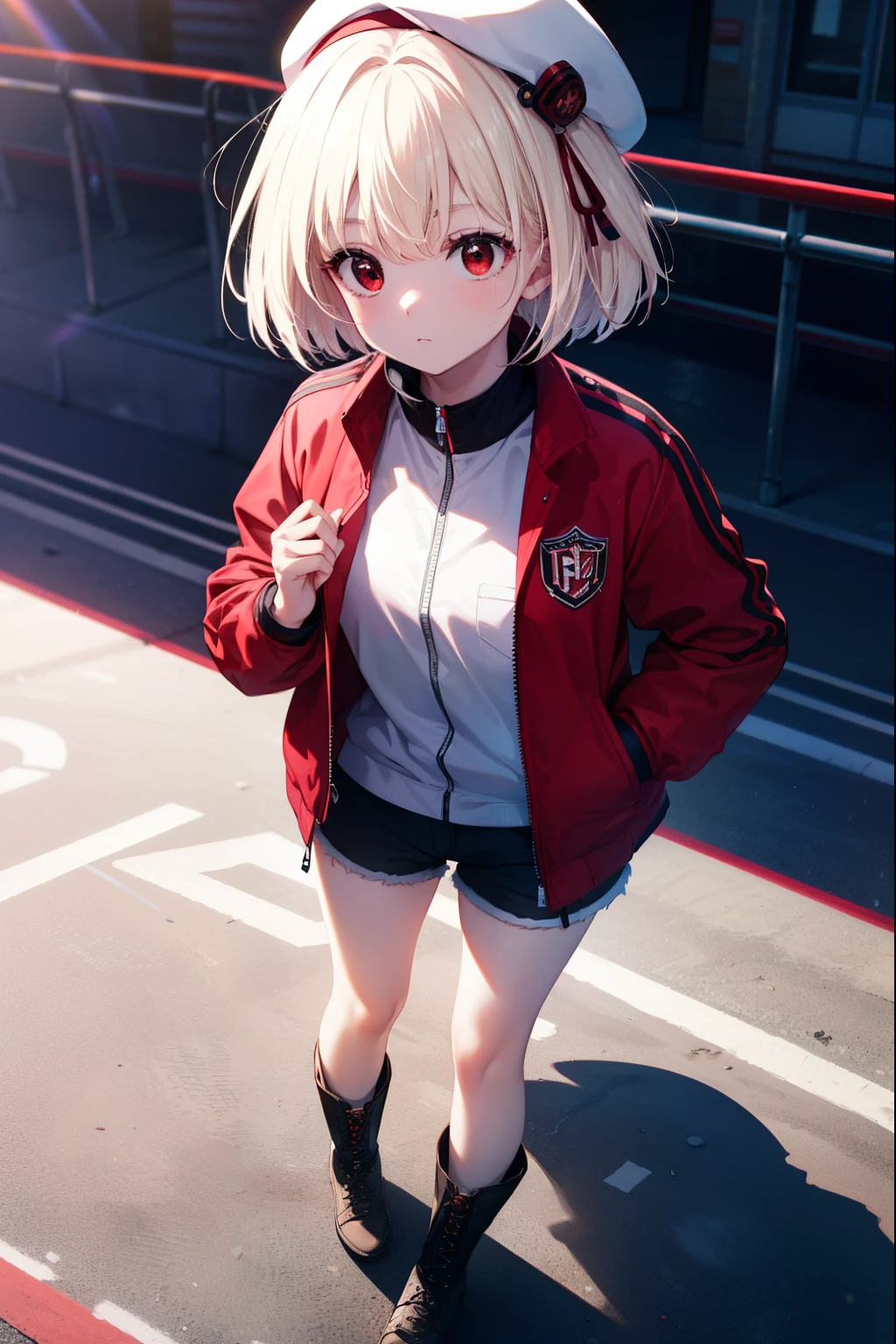 chisatonishikigi, nishikigi chisato, short hair, bangs, blonde hair, (red eyes:1.5), one side up, bob cut,Oversized stadium jacket　The front is open,White sleeveless,shorts,short boots,I put my hands in my stadium jacket pockets.,hat,歩いてる
break outdoors, In town,building street,
break (masterpiece:1.2), highest quality, High resolution, unity 8k wallpaper, (figure:0.8), (detailed and beautiful eyes:1.6), highly detailed face, perfect lighting, Very detailed CG, (perfect hands, perfect anatomy),