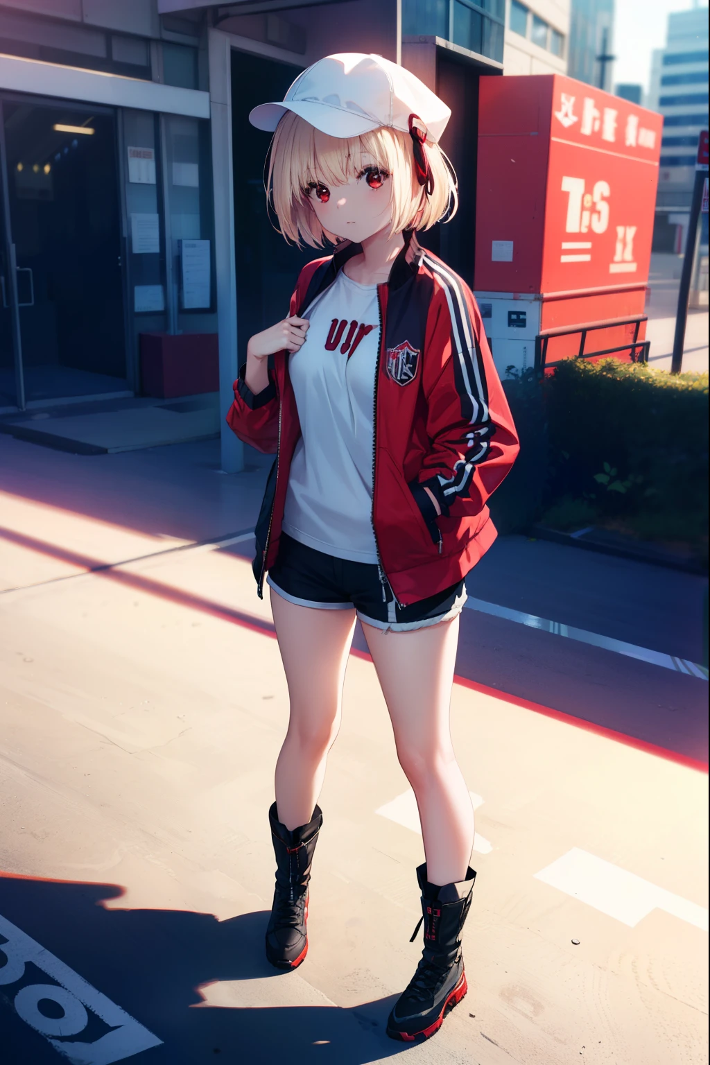 chisatonishikigi, nishikigi chisato, short hair, bangs, blonde hair, (red eyes:1.5), one side up, bob cut,Oversized stadium jacket　The front is open,White sleeveless,shorts,short boots,I put my hands in my stadium jacket pockets.,hat,歩いてる
break outdoors, In town,building street,
break (masterpiece:1.2), highest quality, High resolution, unity 8k wallpaper, (figure:0.8), (detailed and beautiful eyes:1.6), highly detailed face, perfect lighting, Very detailed CG, (perfect hands, perfect anatomy),