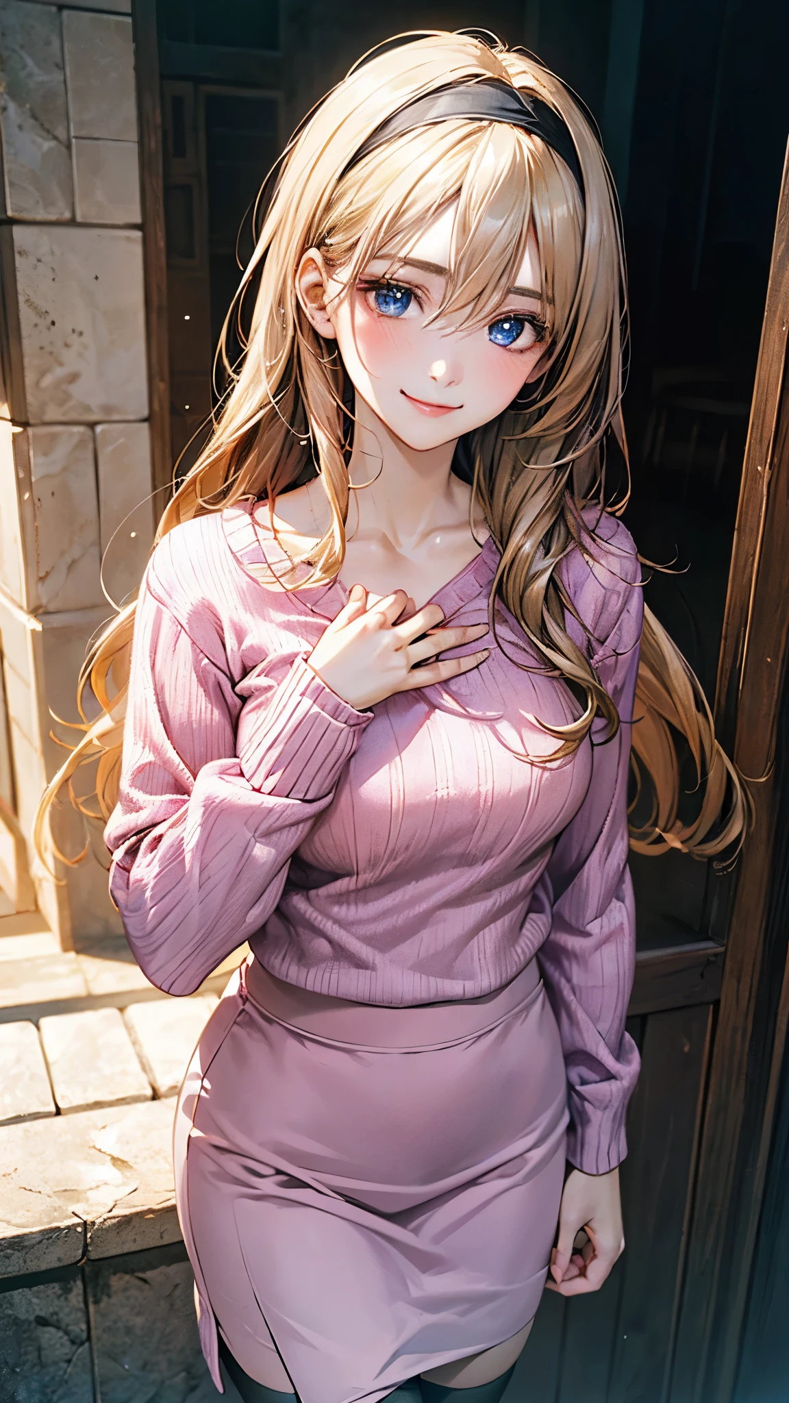 (masterpiece:1.2, top-quality), (realistic, photorealistic:1.4), beautiful illustration, (natural side lighting, movie lighting), nsfw,
looking at viewer, 1 girl, japanese, high school girl, perfect face, cute and symmetrical face, shiny skin,
(long hair:1.5, straight hair:1.2, blond hair, black headband), hair between eyes, big eyes, blue eyes, long eye lasher, (medium breasts), slender,
beautiful hair, beautiful face, beautiful detailed eyes, beautiful clavicle, beautiful body, beautiful chest, beautiful thigh, beautiful legs, beautiful fingers,
((overly long sleeves pink sweater, white slit long skirt) black socks),
(beautiful scenery), evening, (girly room), standing, hands on chest, (lovely smile, ;3),