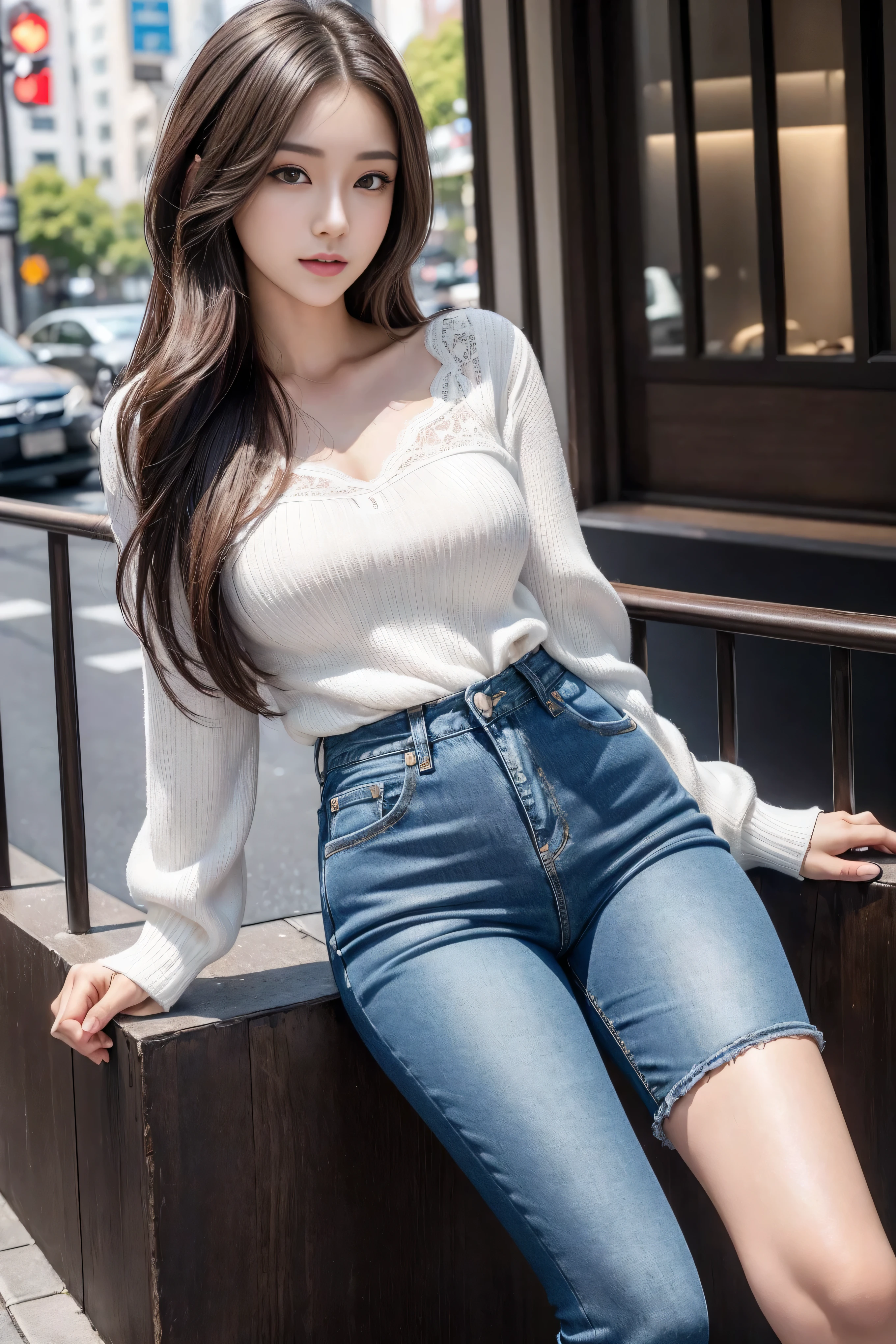 absurdres, RAW photo, extremely delicate and beautiful, masterpiece, Best Quality, ultra high resolution, 32k, hyperrealistic, ultra-detailed, (perfect anatomy:1.2), (anatomically correct:1.2), perfect figure, Perfect Style, Perfect balance, super Detailed skin, in her 20s, very Slim body, narrow waist, very small head, very small face, delicate facial features, handsome detailed woman, very detailed eyes and face, realistic face proportions, Realistic beautiful face, Realistic beautiful eyes, tearful mole, earring, very huge round breasts, whole body shot, whole legs, medium hair, asymmetrical hair, indoor, knitted shirt, skirt, tie,