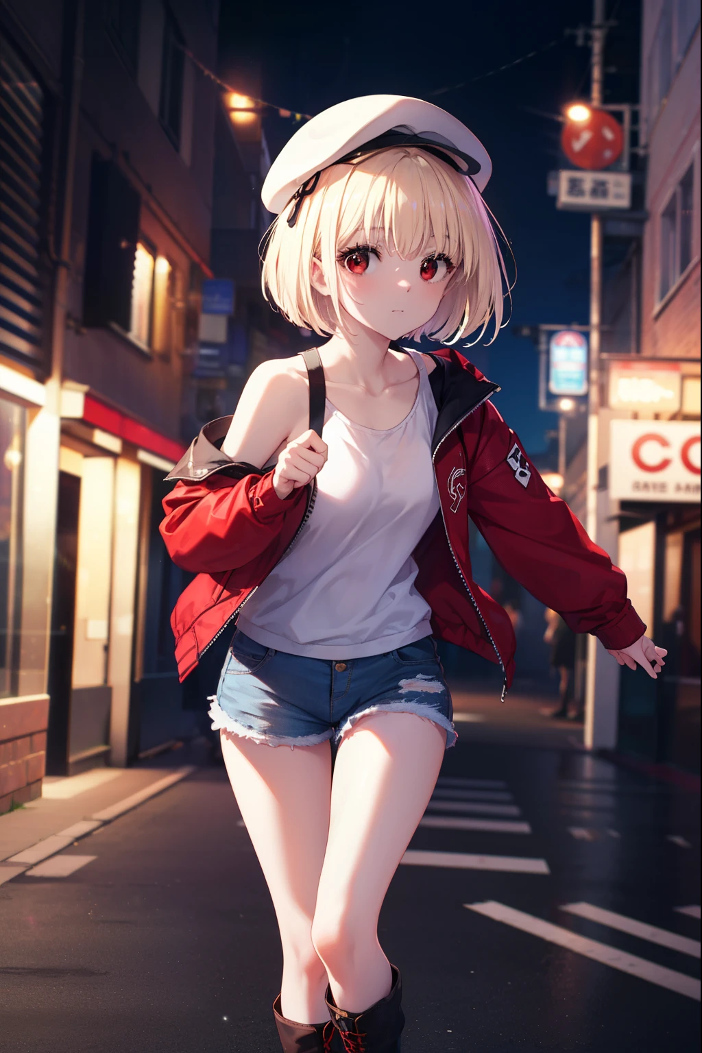 chisatonishikigi, nishikigi chisato, short hair, bangs, blonde hair, (red eyes:1.5), one side up, bob cut,Oversized stadium jacket　The front is open,bare shoulders,bare clavicle,White sleeveless shirt,shorts,short boots,I put my hands in my stadium jacket pockets.,hat,歩いてる
break outdoors, In town,building street,
break (masterpiece:1.2), highest quality, High resolution, unity 8k wallpaper, (figure:0.8), (detailed and beautiful eyes:1.6), highly detailed face, perfect lighting, Very detailed CG, (perfect hands, perfect anatomy),