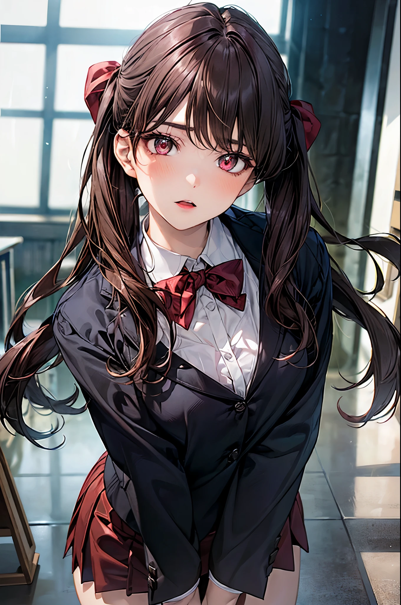 (masterpiece:1.2, top-quality), (realistic, photorealistic:1.4), beautiful illustration, (natural side lighting, movie lighting), nsfw,
looking at viewer, (face focus, upper body), 1 girl, japanese, high school girl, perfect face, cute and symmetrical face, shiny skin,
(long hair:1.5, twintails:1.4, dark brown hair), asymmetrical bangs, 2 hairpin, dark red eyes, glowing eyes, big eyes, drooping eyes, long eye lasher, (medium breasts), slender, dark red hair ribbon,
beautiful hair, beautiful face, beautiful detailed eyes, beautiful clavicle, beautiful body, beautiful chest, beautiful thigh, beautiful legs, beautiful fingers,
((komi_sch, dark red and dark brown school jacket, white collared shirts, dark red mini skirt), dark red bow tie),
(beautiful scenery), evening, (school library), standing, leaning forward, arms behind back, (:o, smile, head tilt),