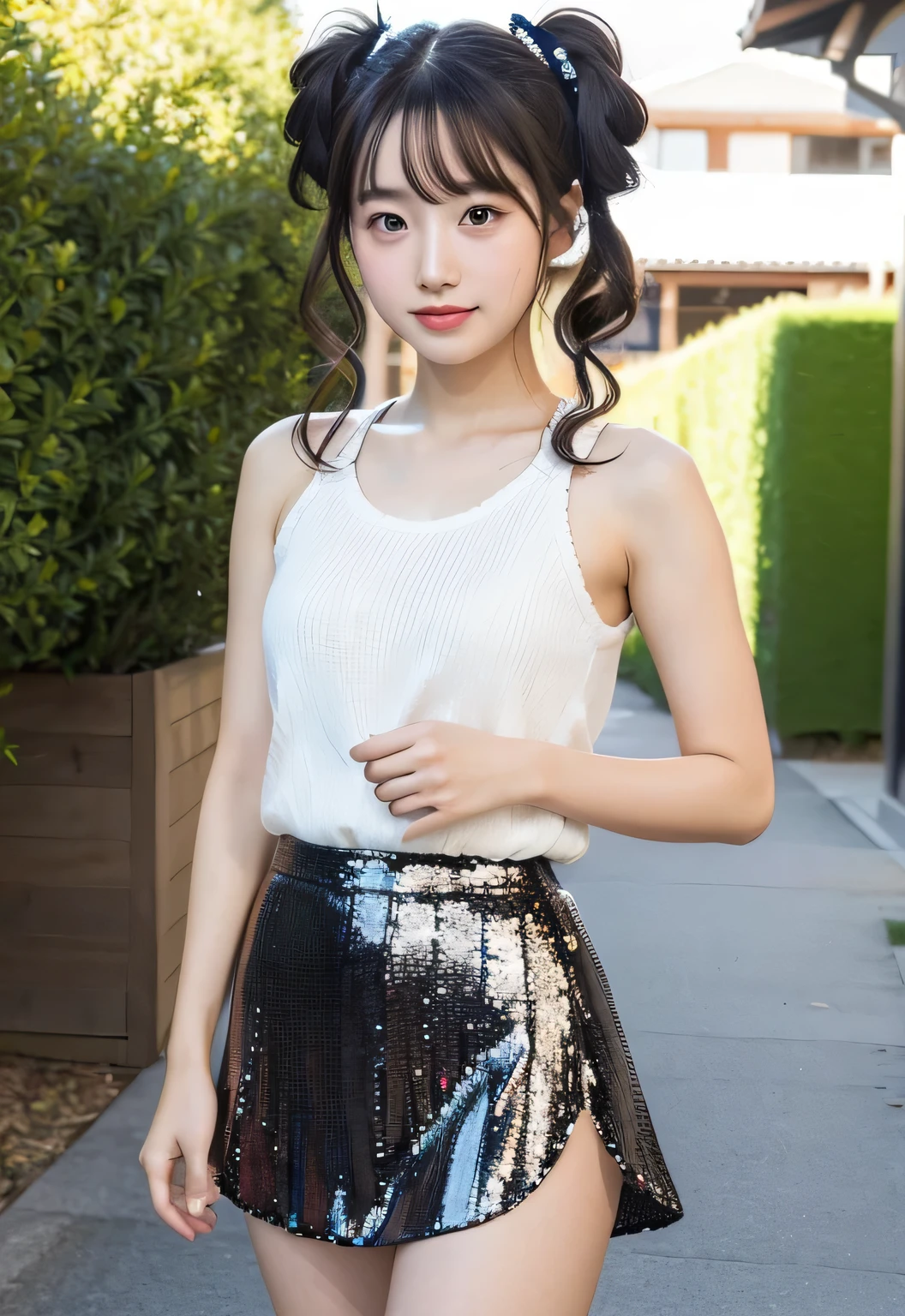 14 years, adorable, japanese girl, 14 years, portrait ,sequin tank top、mini skirt、 Thighs Thighs Nose:1.1)、twin tails 、 (high color saturation,catch light:1.0), (highly detailed skin), (highest quality:1.0), (ultra high resolution:1.0) ,(realistic:1.0), (Super detailed:1.0), (8k, RAW photo:1.1),( smile:0.8),looking at the viewer、Eyes that invite、
